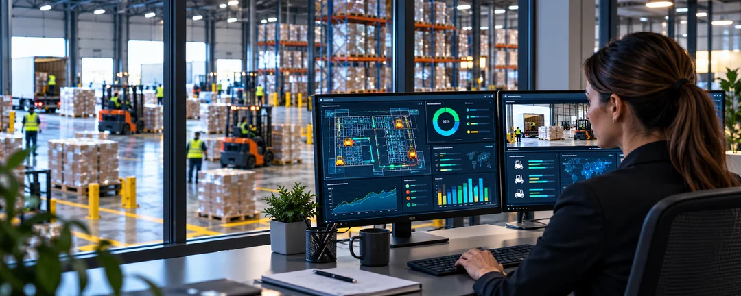 Warehouse manager reviewing AI-driven performance data to improve efficiency and resource allocation in a 3PL facility