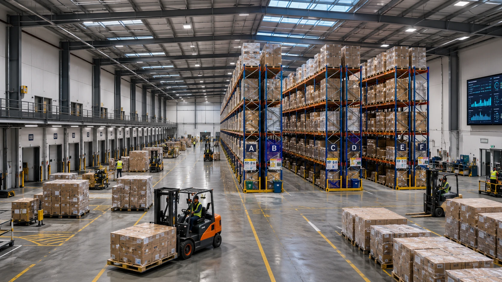 Modern UK warehouse interior showing pallet racking, storage bays and operational layout