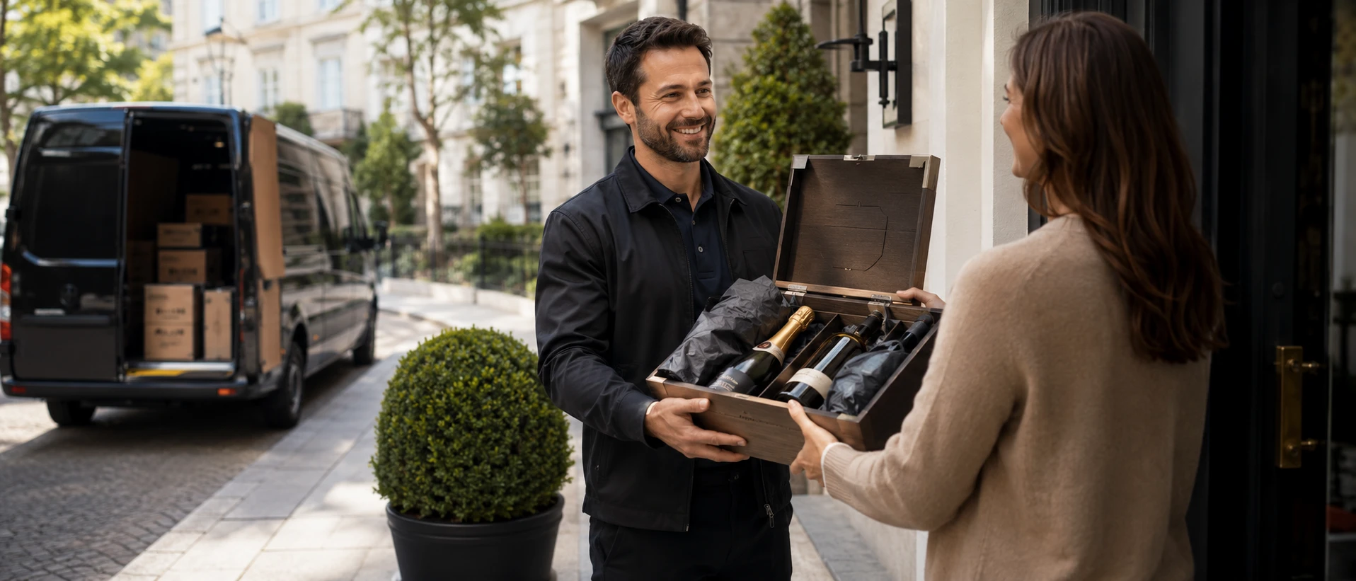 Van filled with boxes of beer, wine and spirits parked on a quiet residential street while the driver returns with another case for delivery