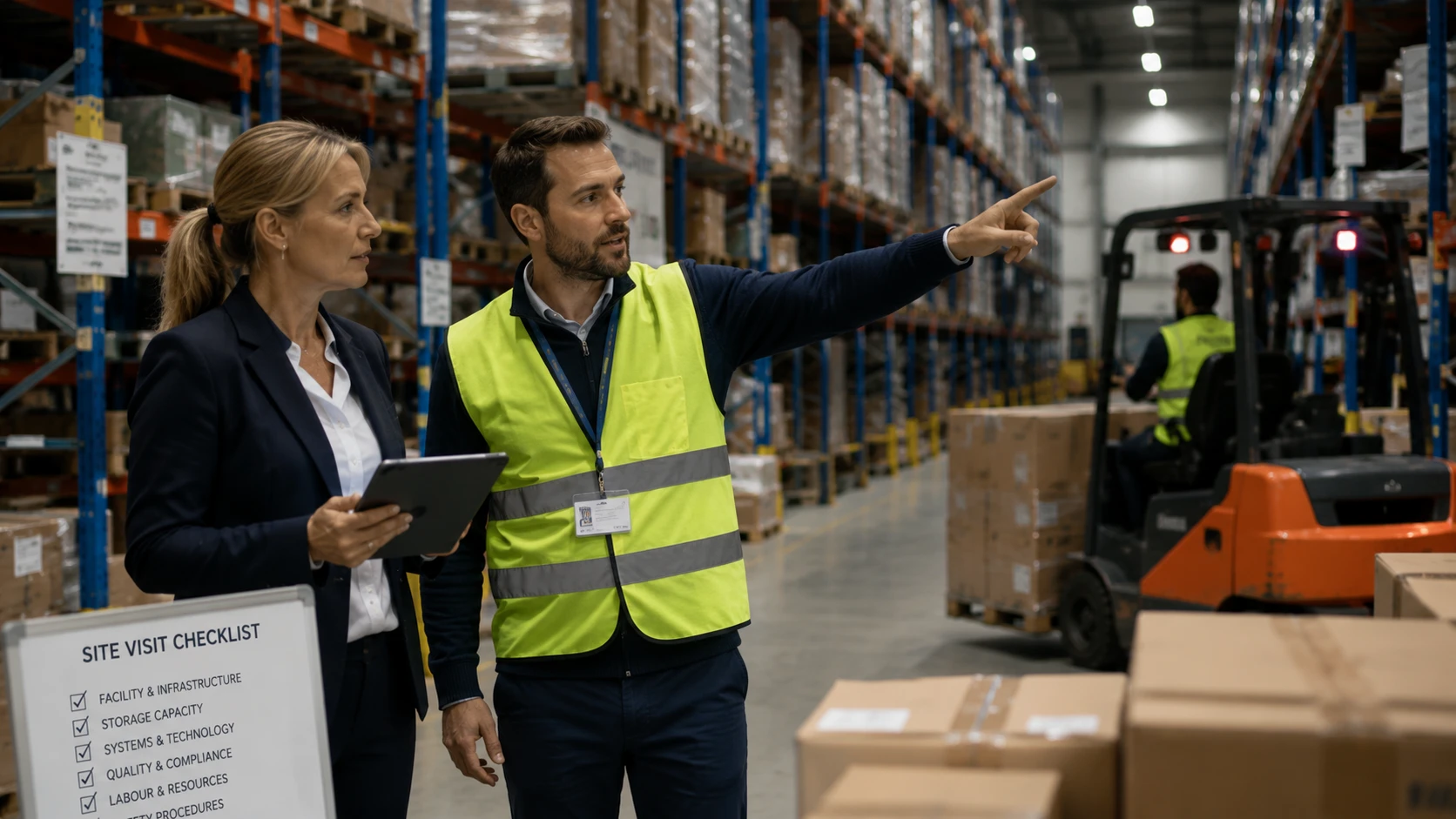 Warehouse manager conducting operational site visit to verify 3PL capability