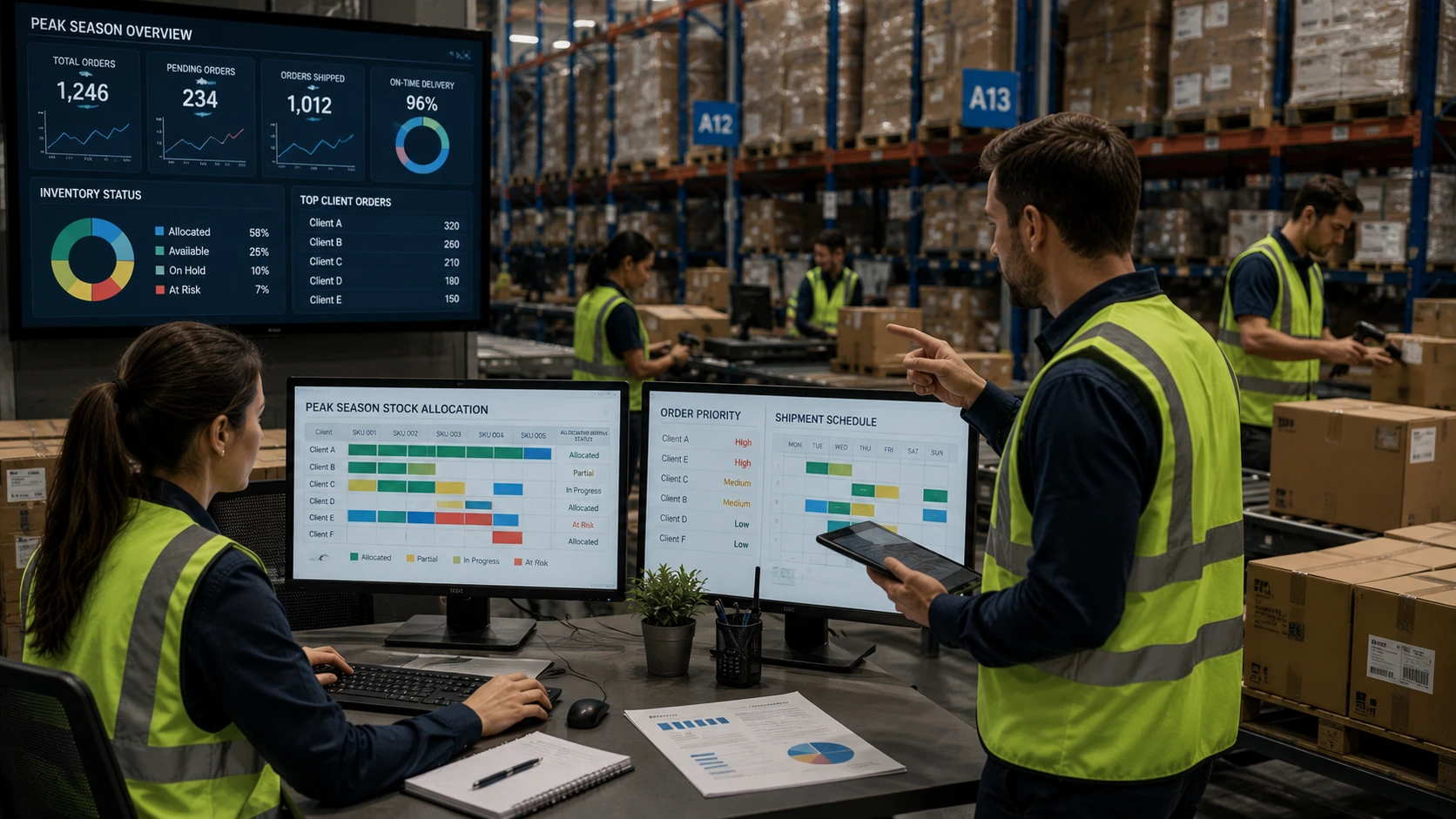 Warehouse team managing peak season stock allocation across multiple client orders