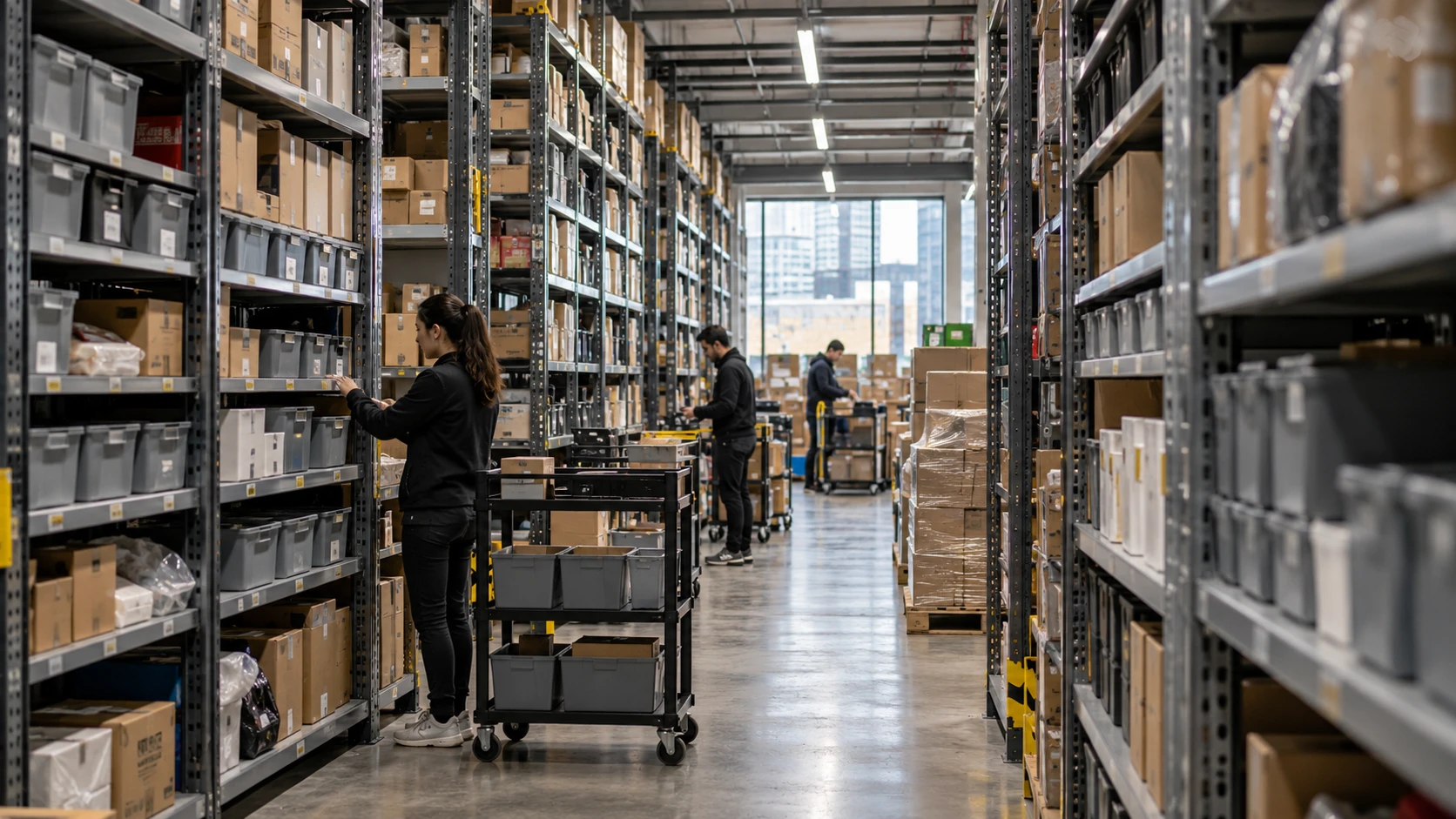 Micro-fulfilment centre shelving system in a compact inner-city logistics facility.