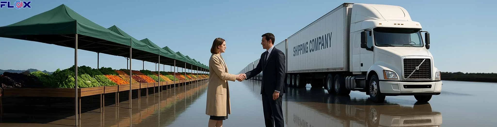 Two business people shaking hands in front of a shipping truck representing logistics collaboration