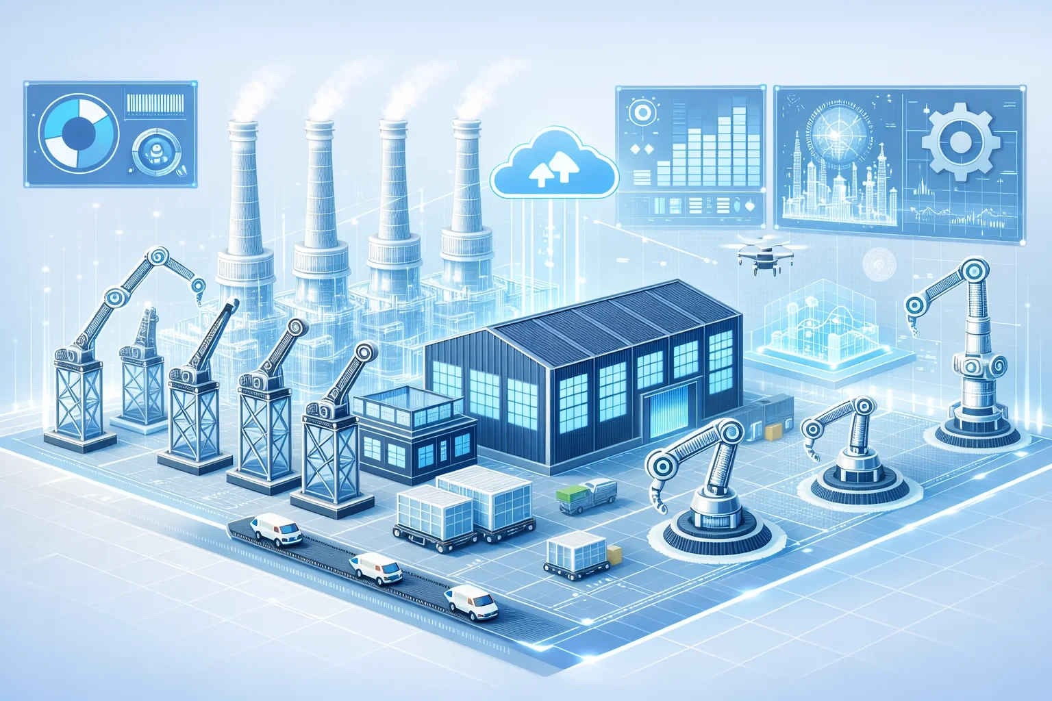 Futuristic visualisation of a warehouse environment with holographic digital twin overlay showing real-time operational data