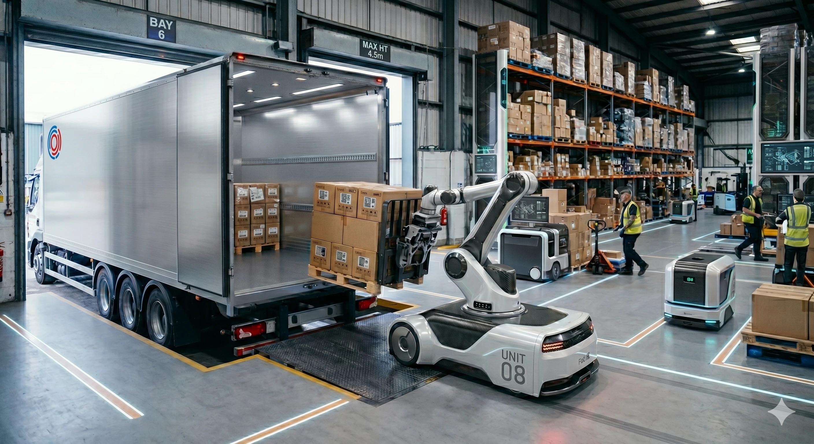 Wide-angle interior view of a modern UK distribution warehouse with high pallet racking, organised aisles and a clean concrete floor