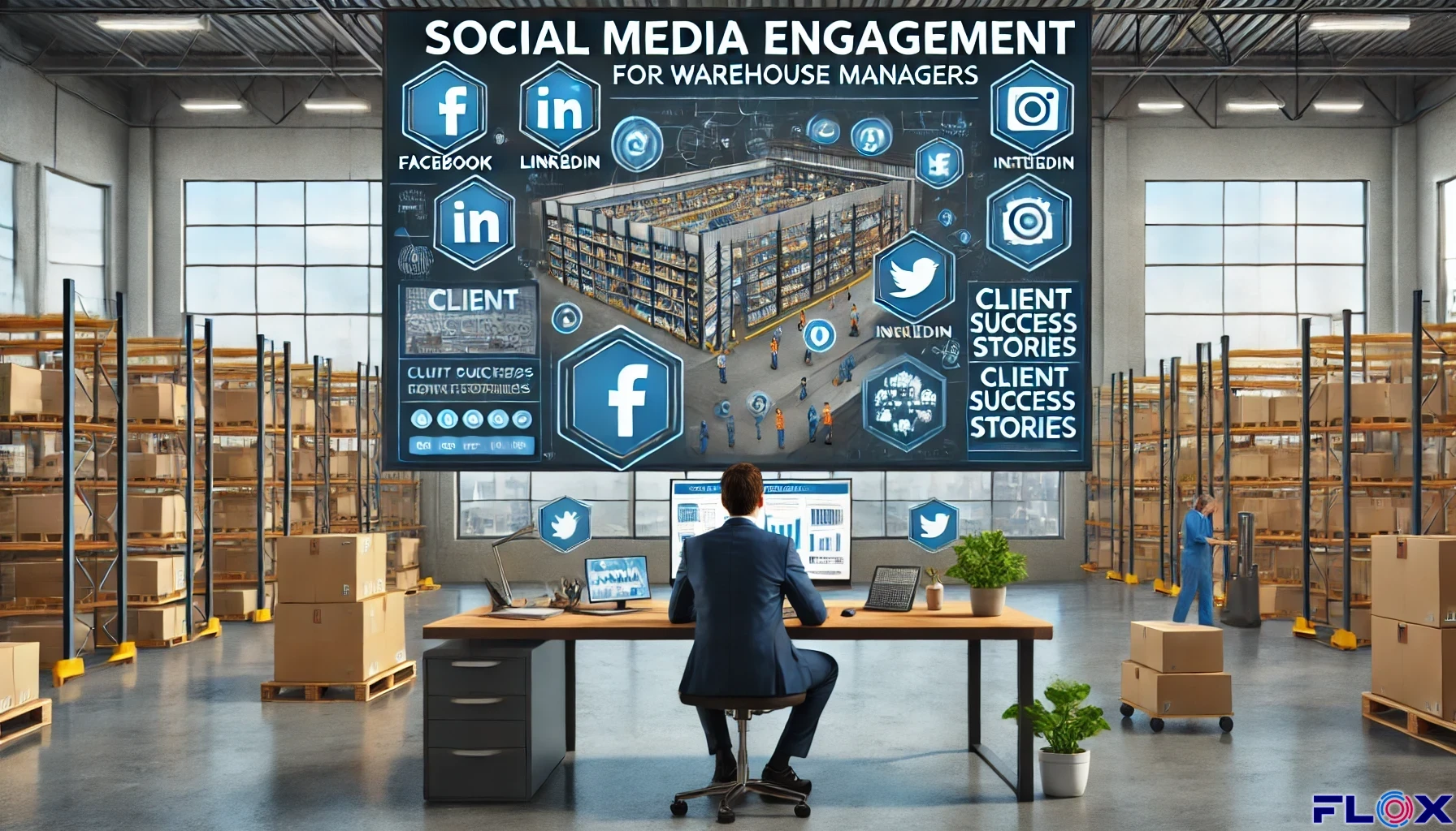 Social media marketing icons displayed in a warehouse setting