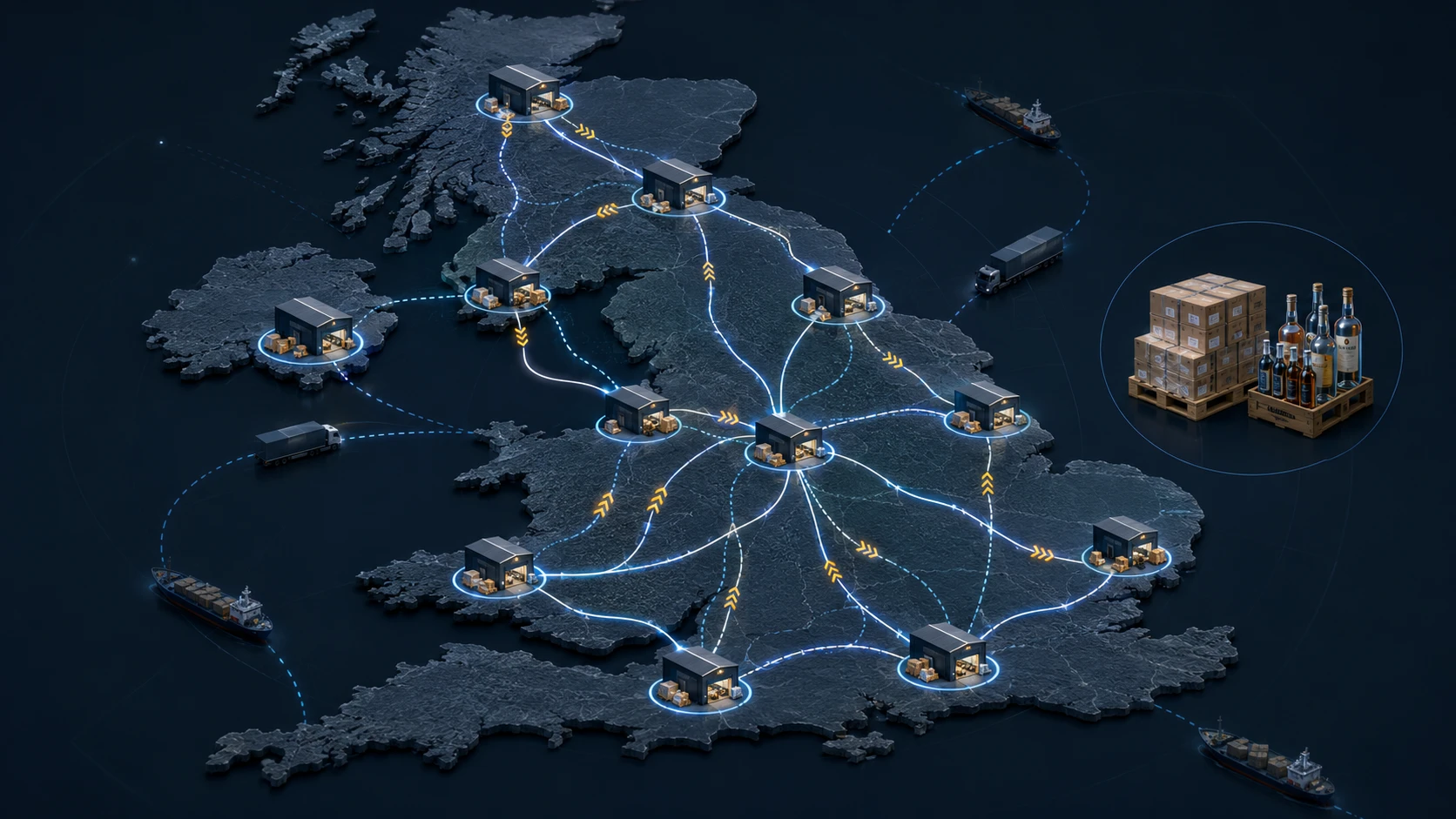 Distribution network map showing multiple UK warehouse nodes and delivery routes for spirits logistics