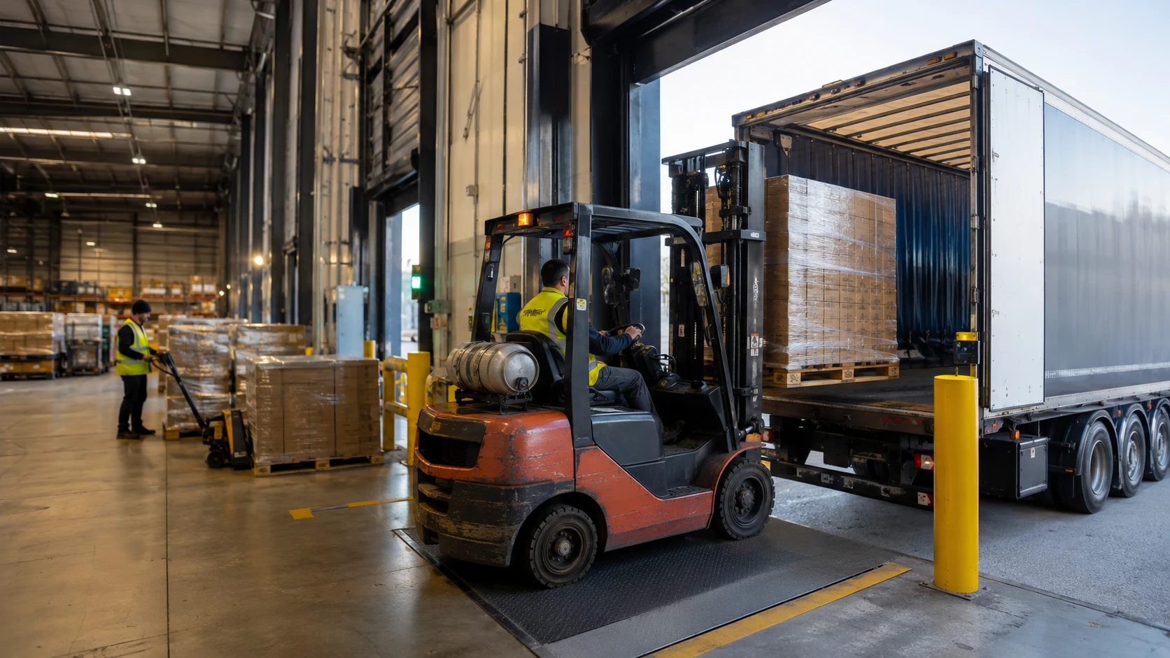 Forklift loading goods into delivery vehicle in a busy distribution centre