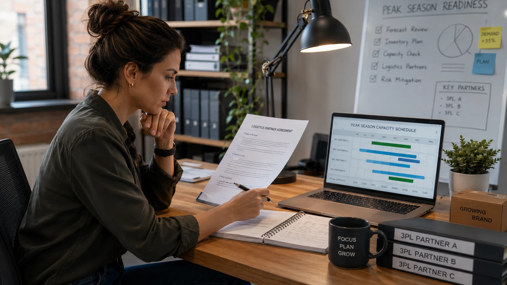 Growing brand manager reviewing logistics partner contracts and capacity schedules at desk