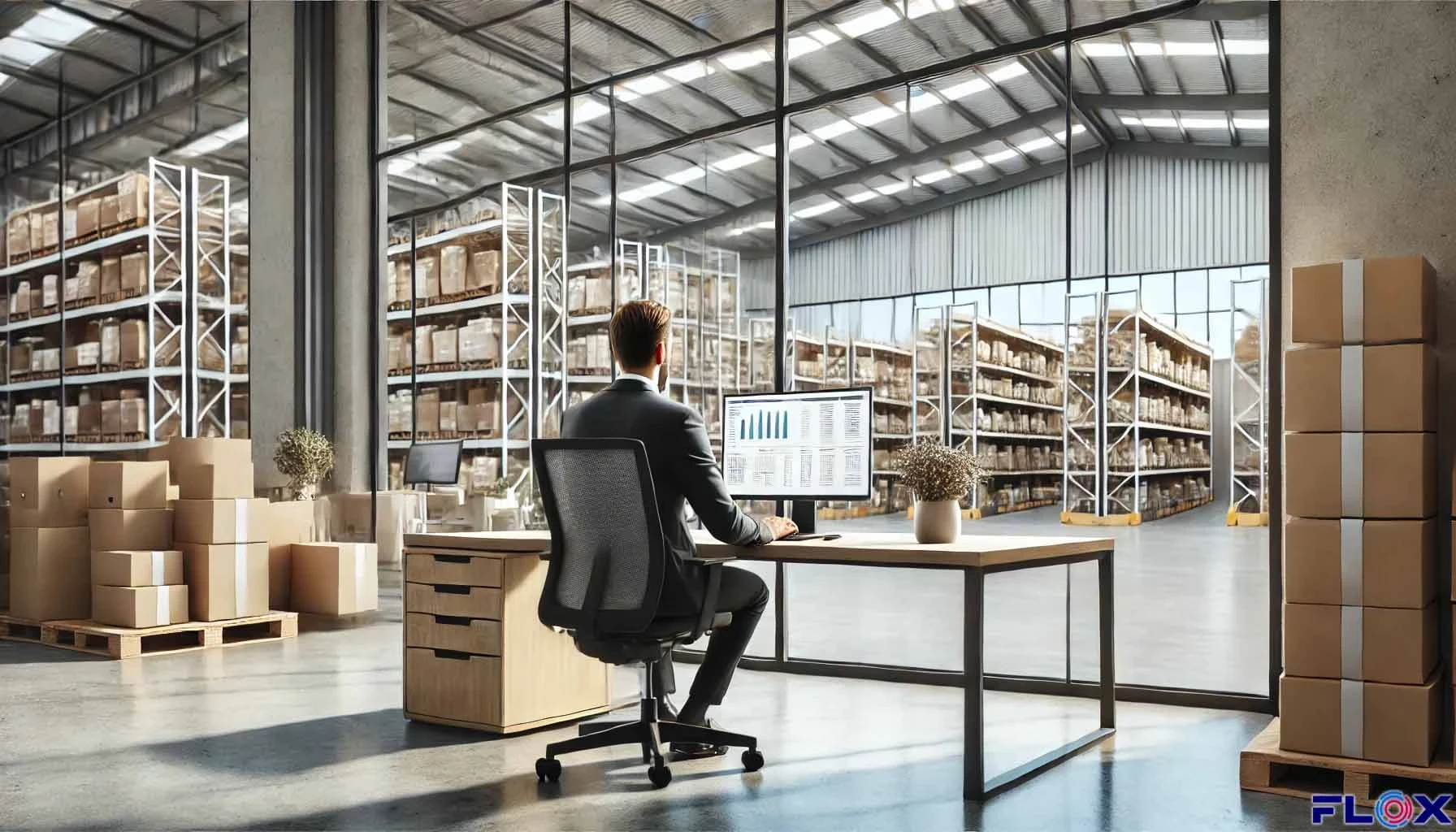 Small business operator reviewing stock and order metrics on a dashboard with a warehouse aisle and pallets visible behind