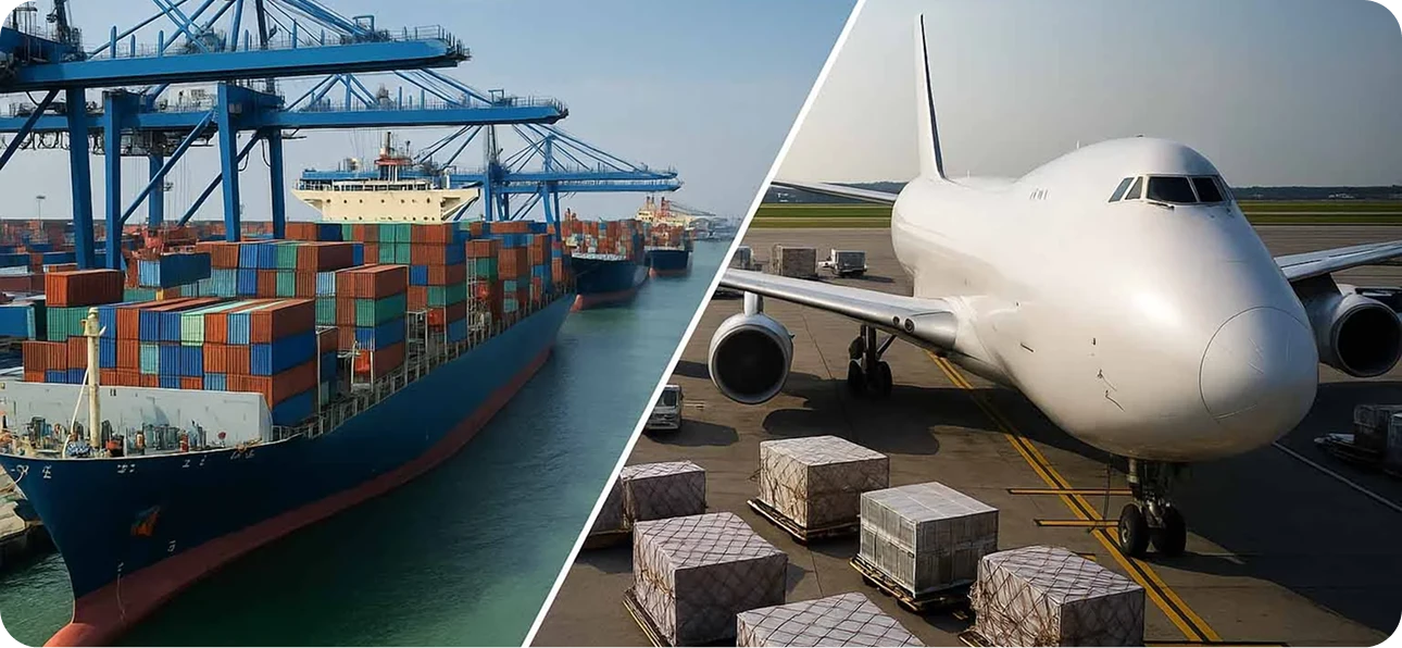 Aerial view of a UK port with container ships and logistics infrastructure