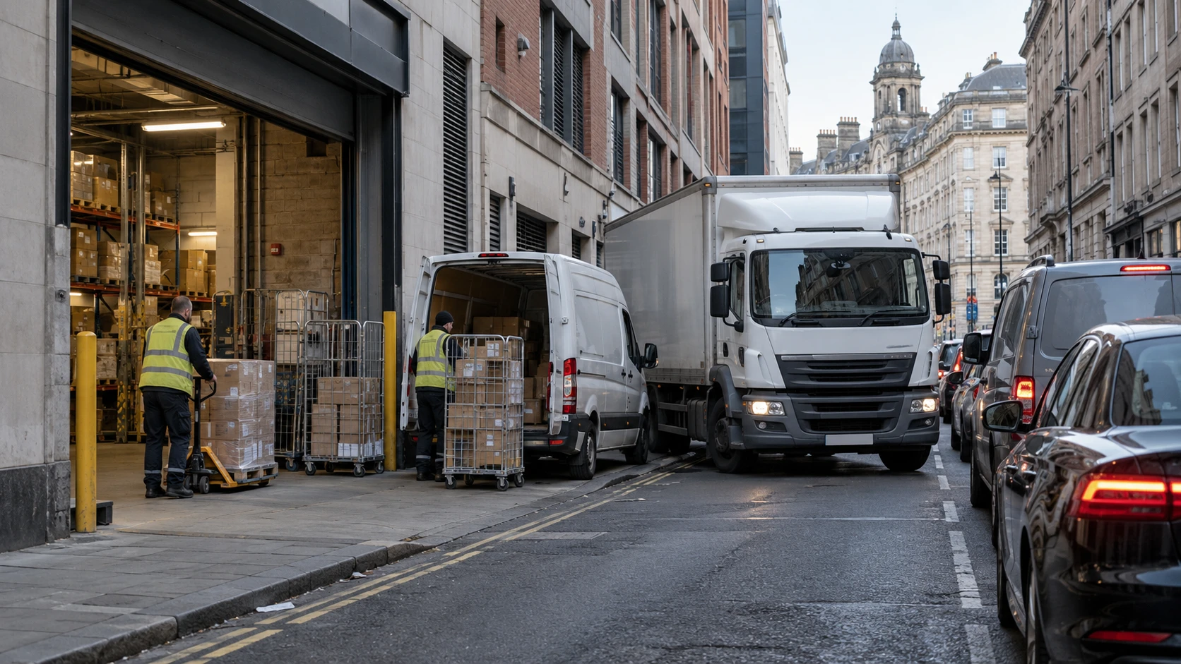 Urban warehouse entrance in a busy UK city centre with limited loading dock space.