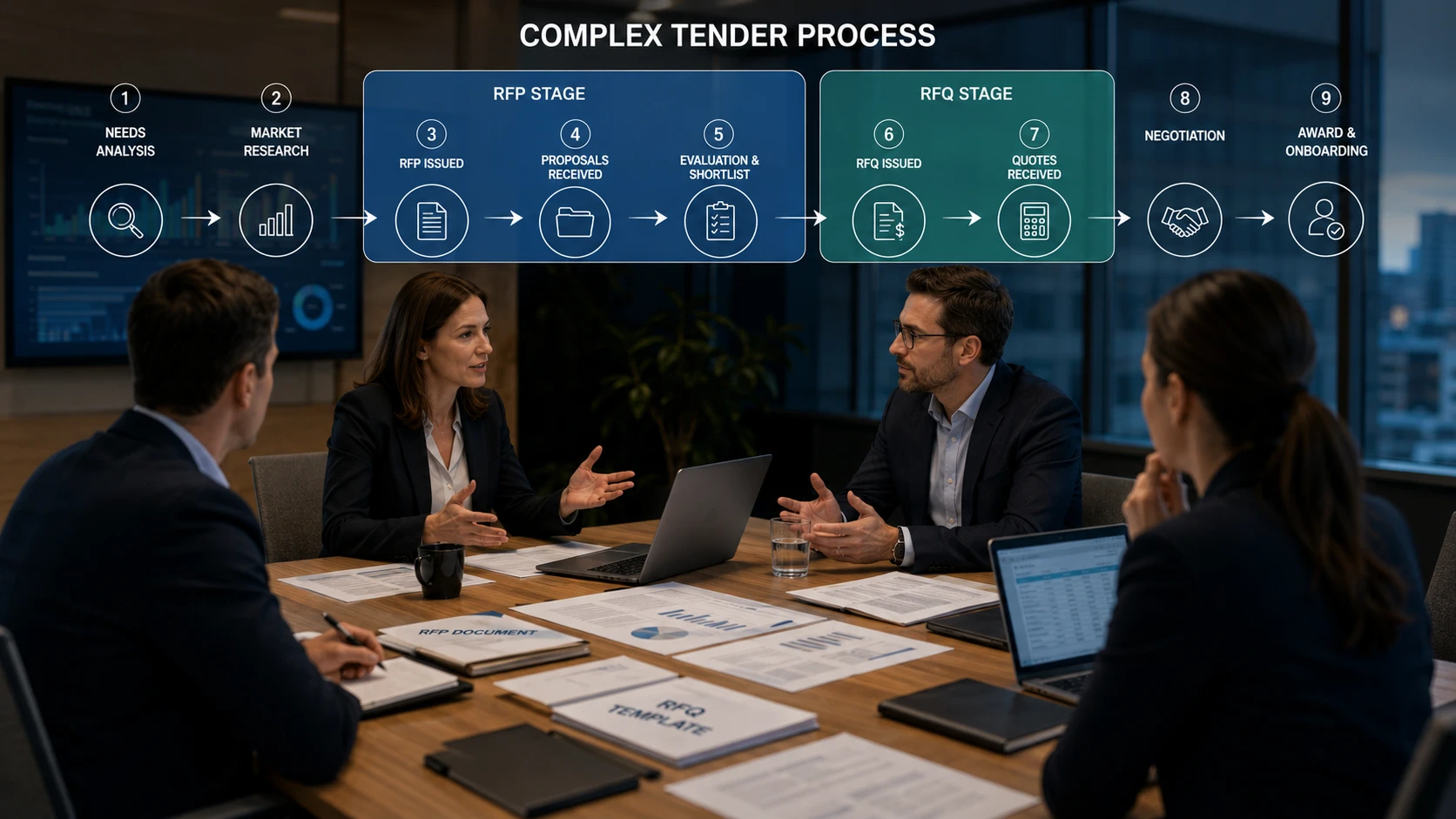 Buyer team reviewing 3PL proposals and spreadsheets at a meeting table