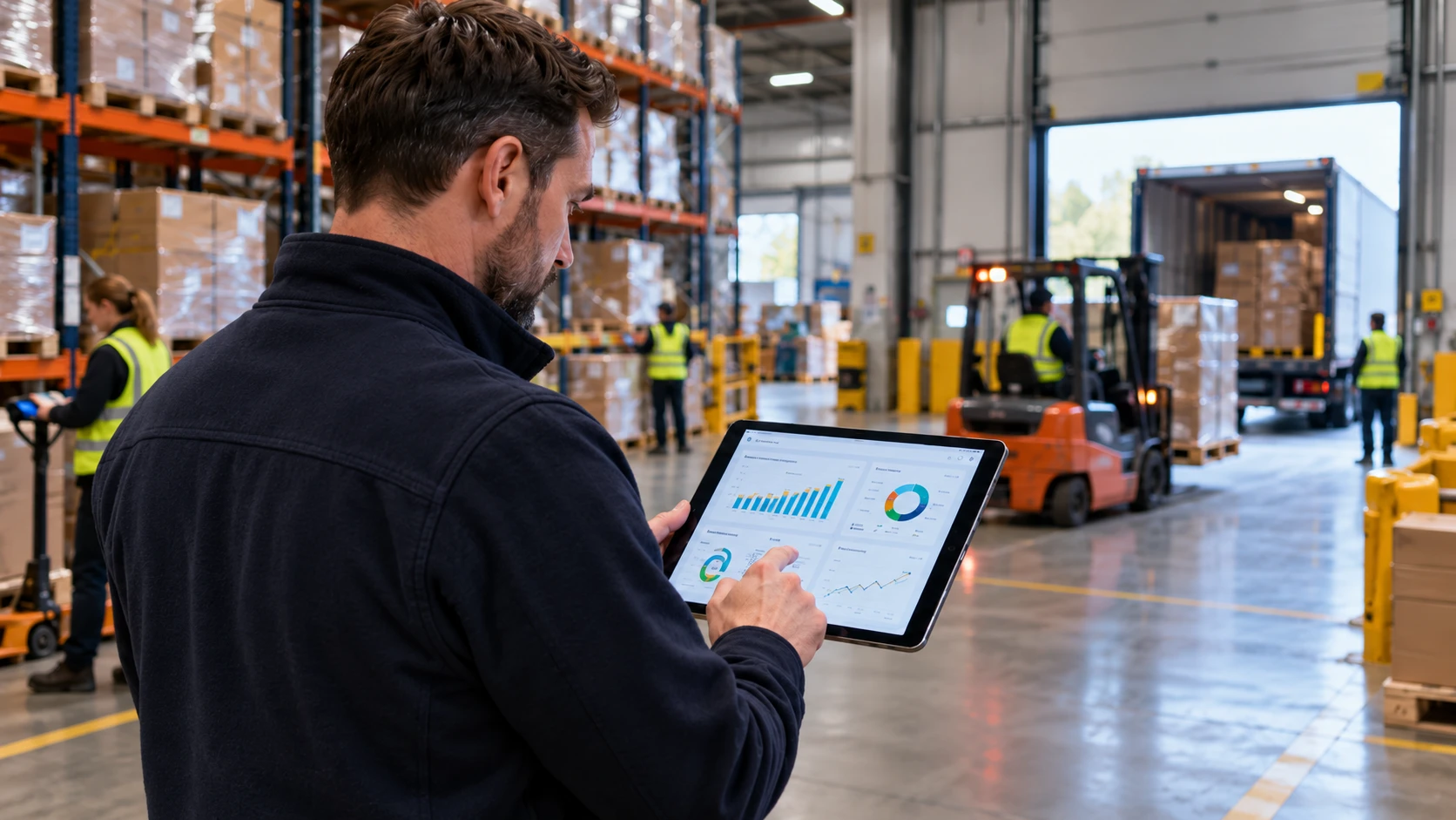 Warehouse manager reviewing KPI dashboard on tablet at distribution centre