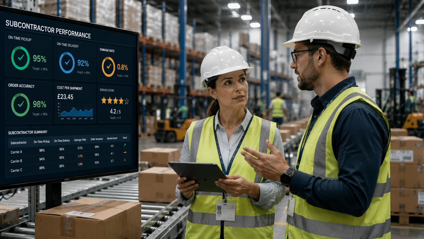 Two logistics professionals in hard hats discussing subcontractor performance metrics in a distribution centre