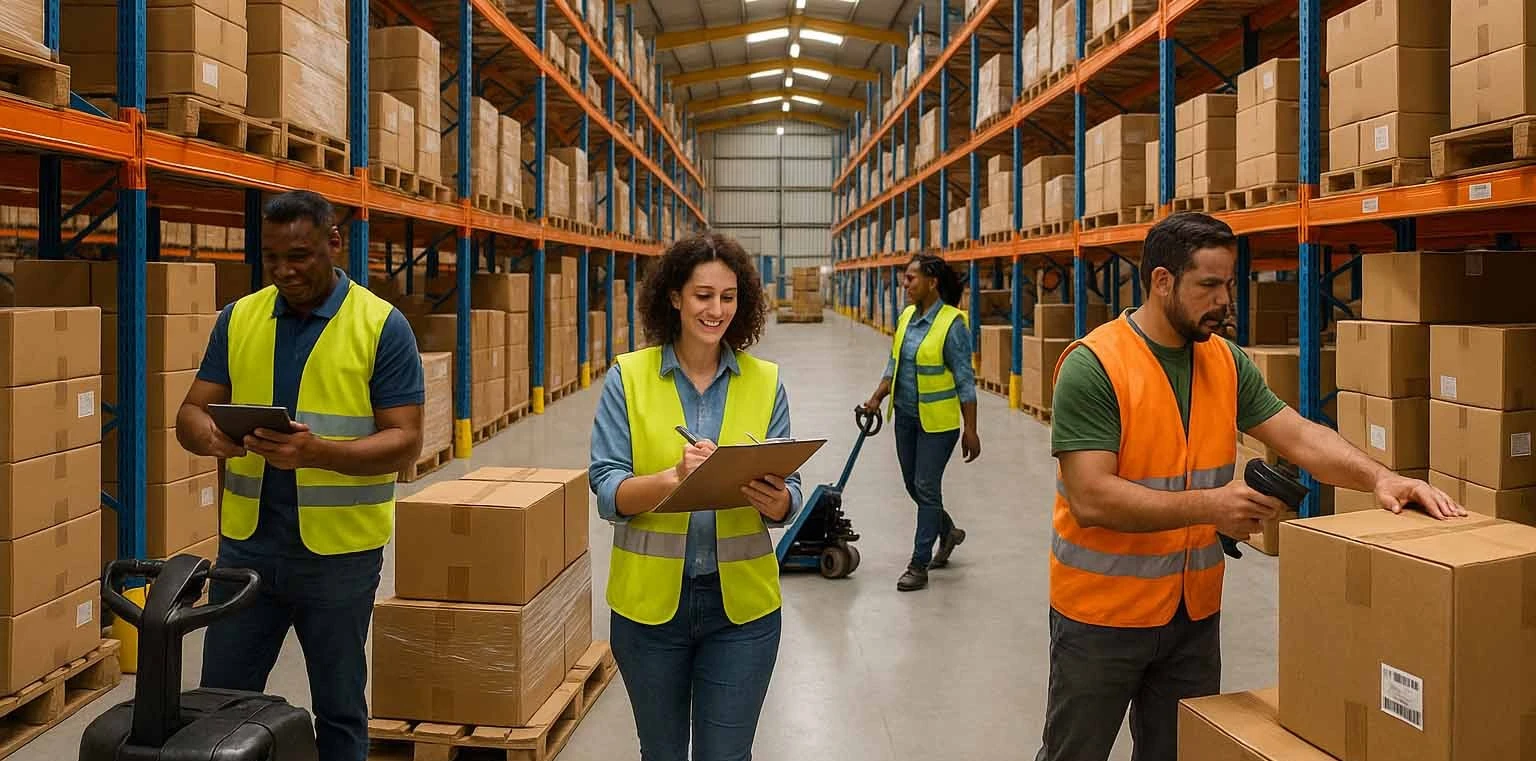 Warehouse workers managing logistics operations in a UK fulfilment centre