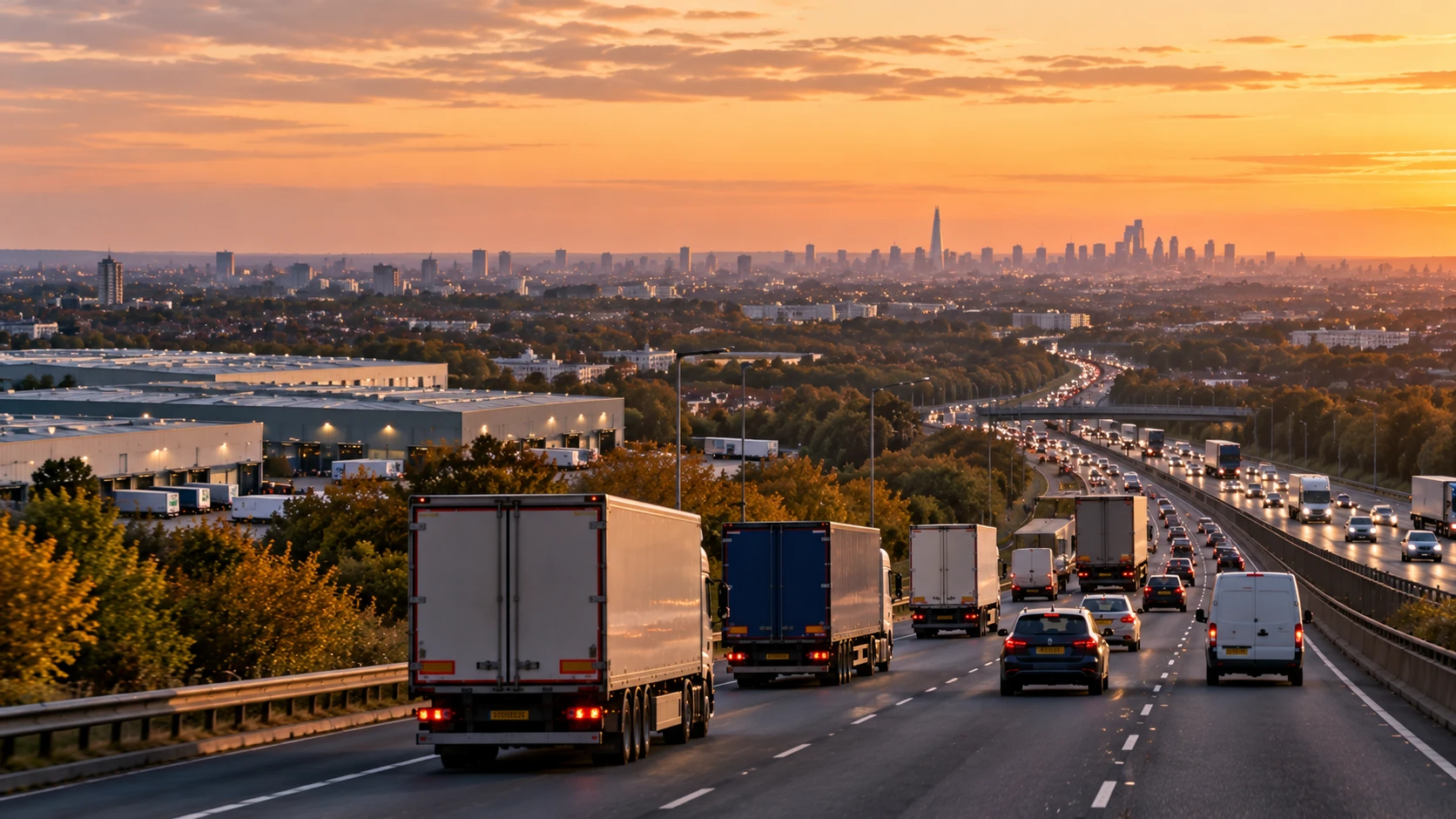Delivery lorries travelling along a motorway towards a distant city centre, highlighting the longer transport routes caused by rising urban warehouse rents.