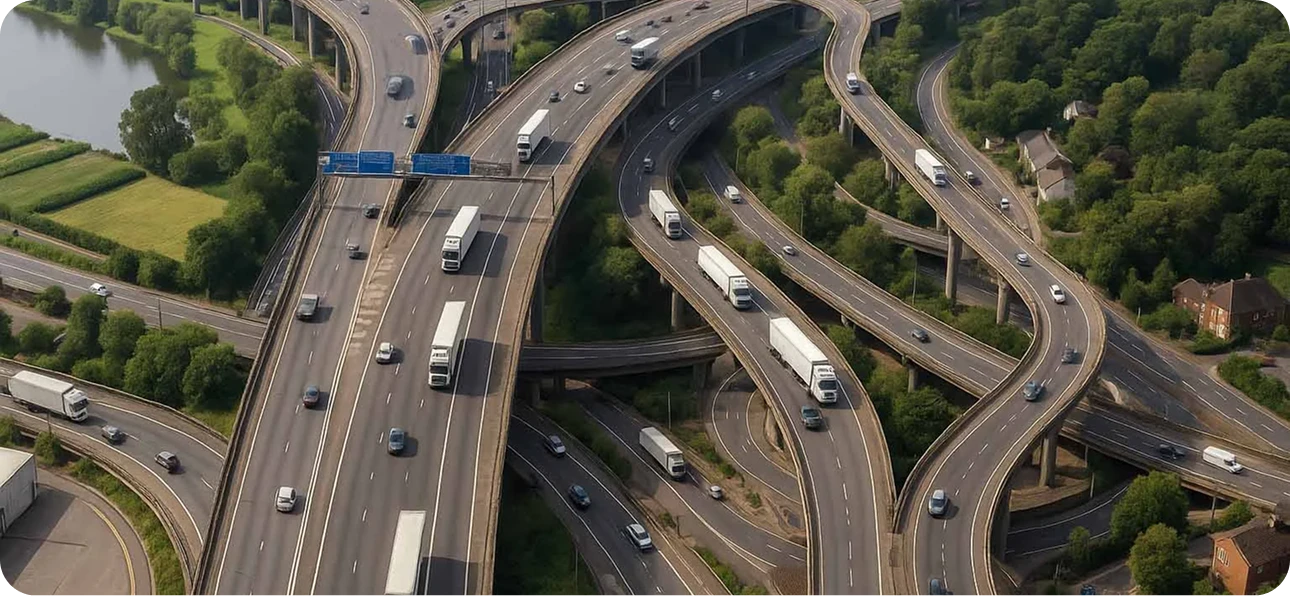 Aerial view of UK motorway interchange showing logistics connectivity for warehouse location strategy
