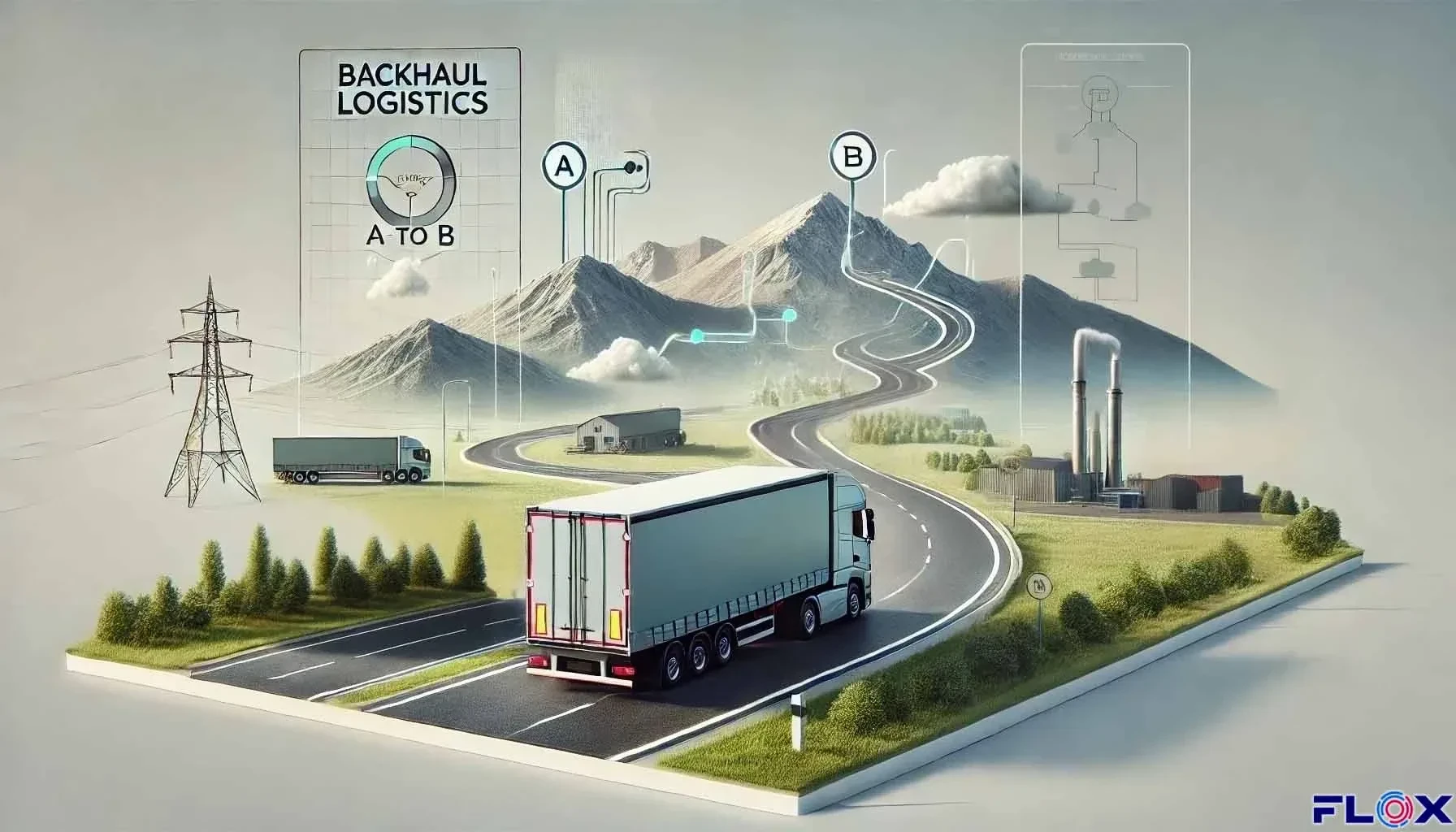 Backhaul logistics diagram showing A to B route with lorry on winding road between two locations