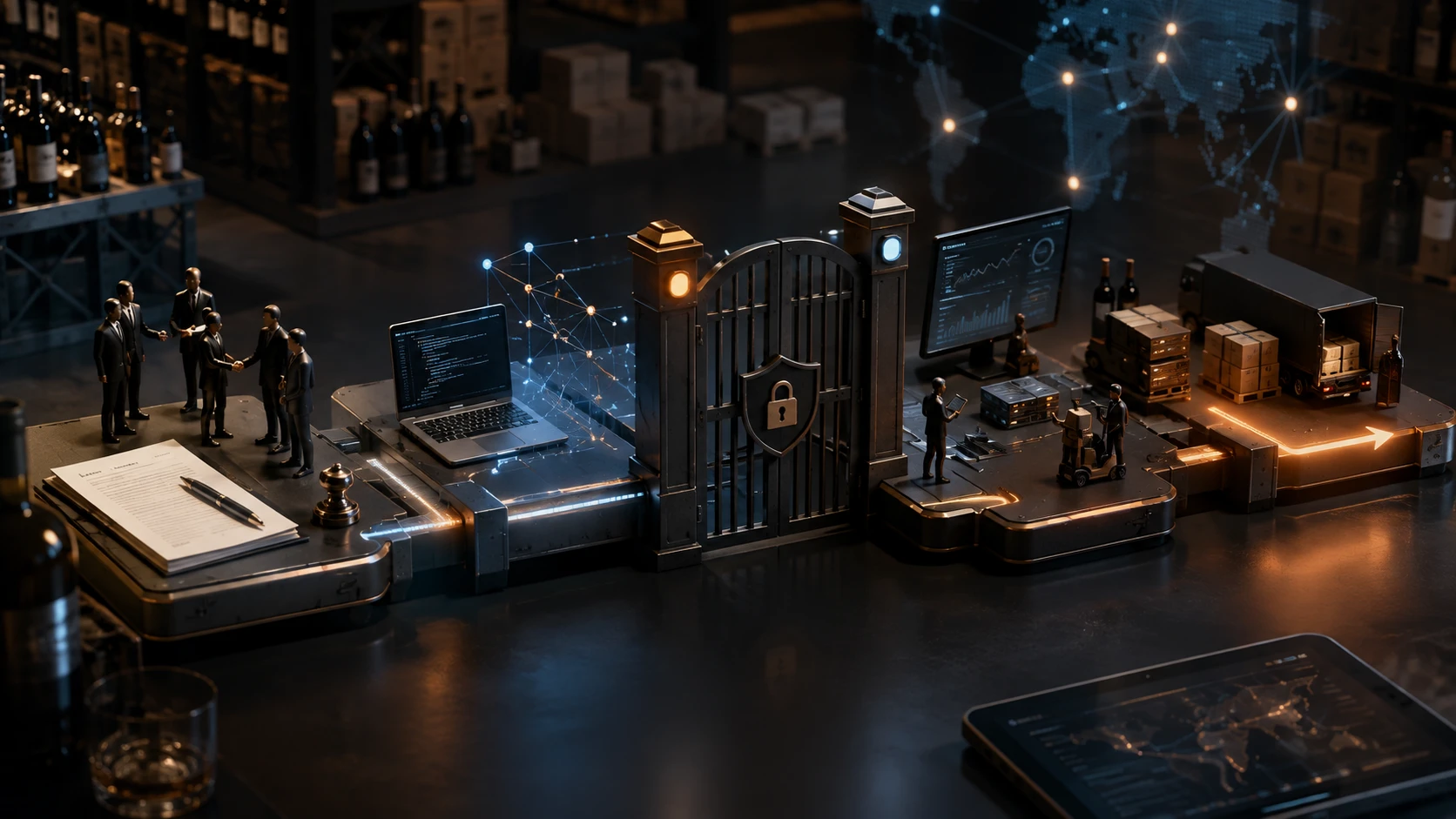 A conceptual logistics project timeline shows contracts, integration build, security gate, testing and go-live stages moving through a dark wine and spirits warehouse setting.