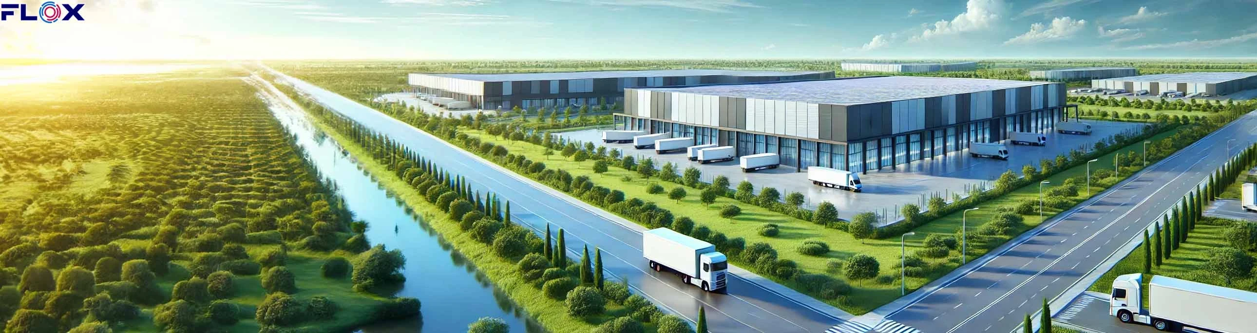 Wide-angle view of a modern logistics warehouse with high pallet racking, forklifts at work and a row of loading bay doors in the background