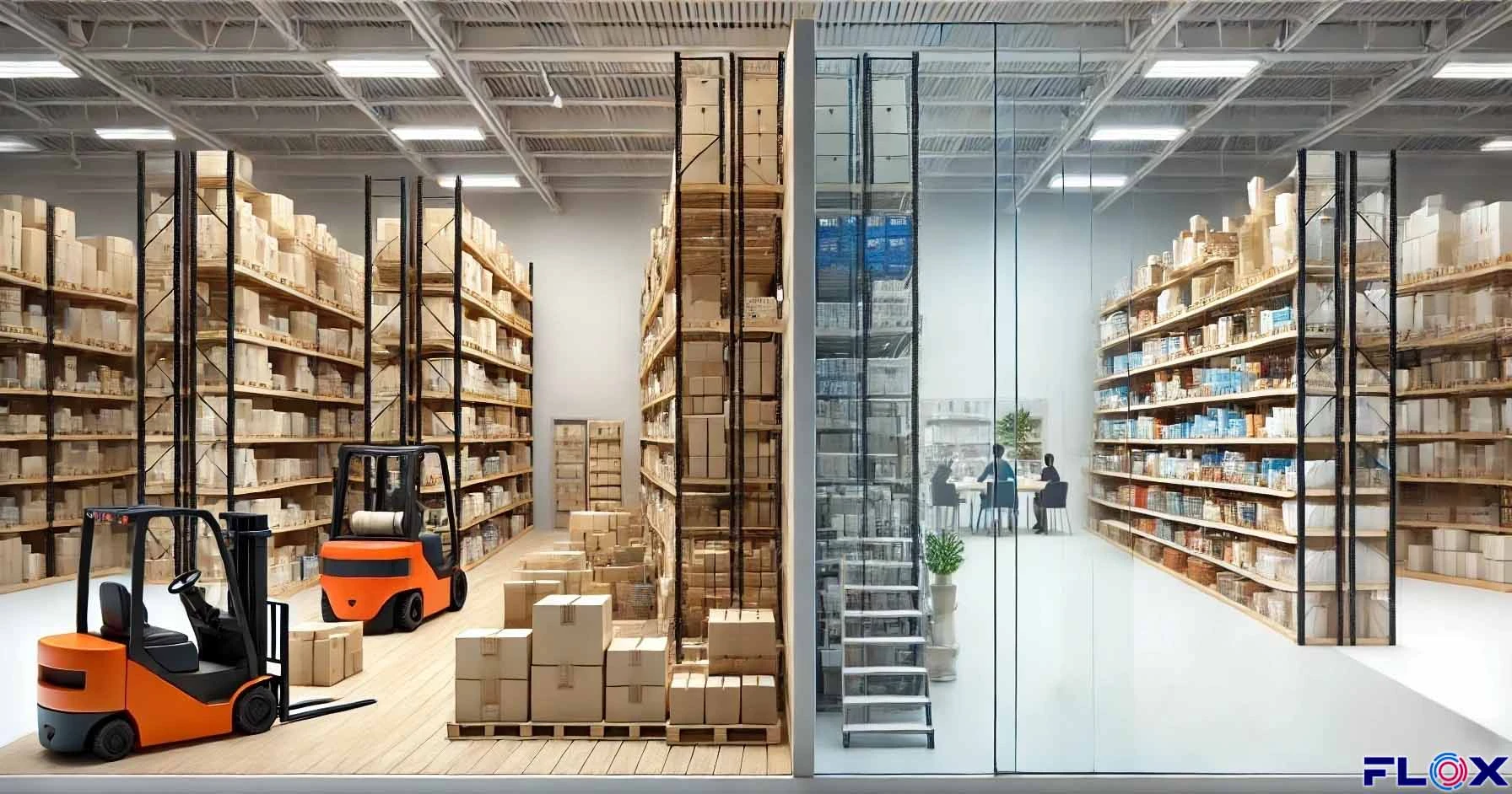 Interior of a shared multi-tenant warehouse with several brands' pallets organised in clearly labelled zones