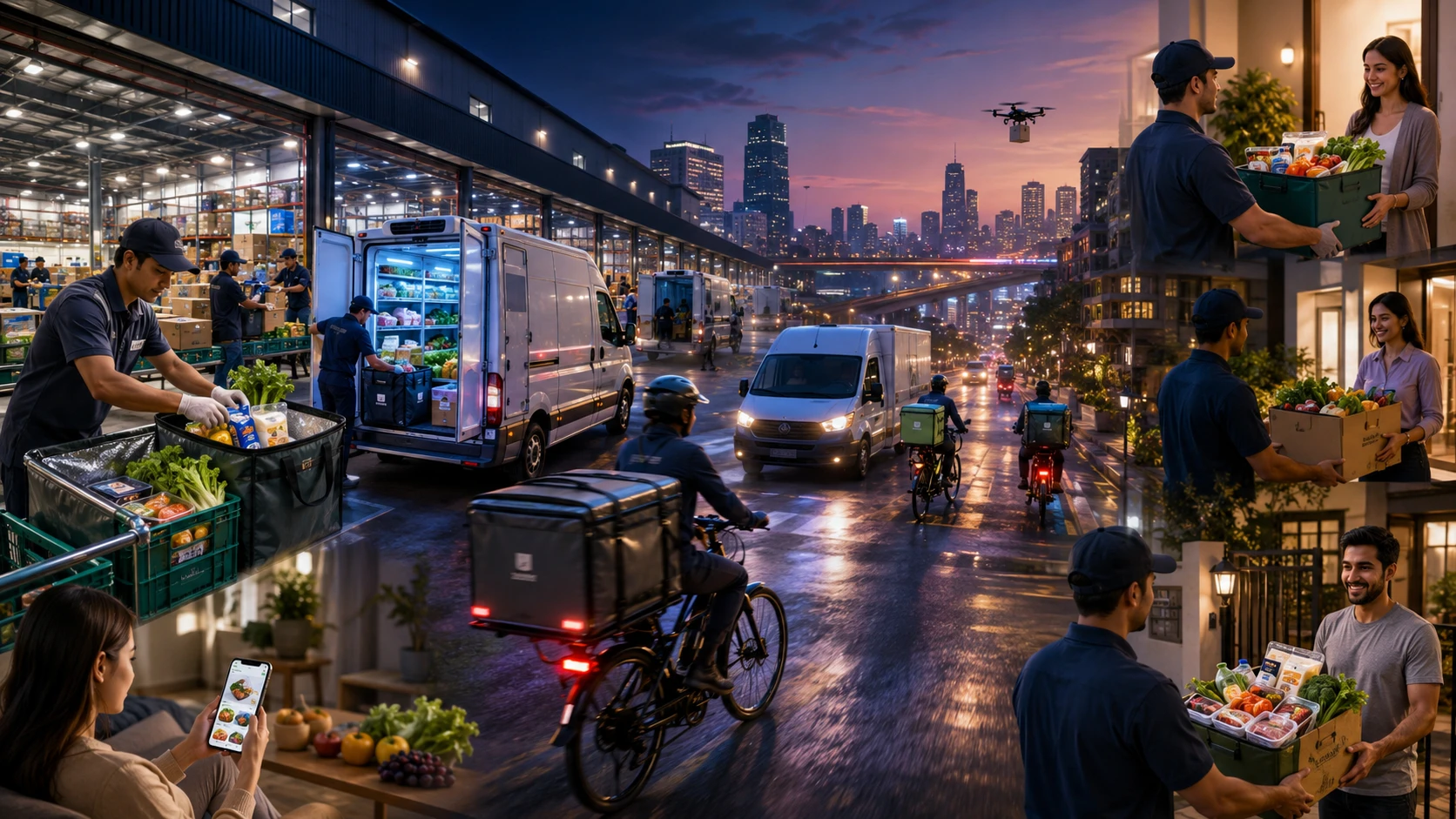 Inside an e-commerce food fulfilment warehouse with multi-temperature zones