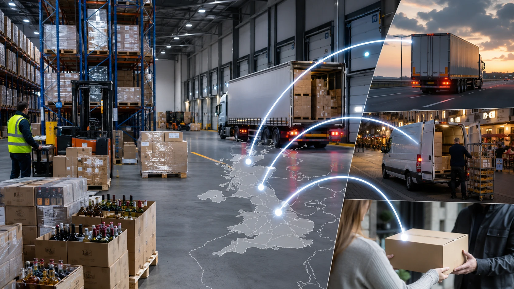 Warehouse and delivery network for alcohol brands, with pallets, cases and consumer parcels moving through different fulfilment routes.