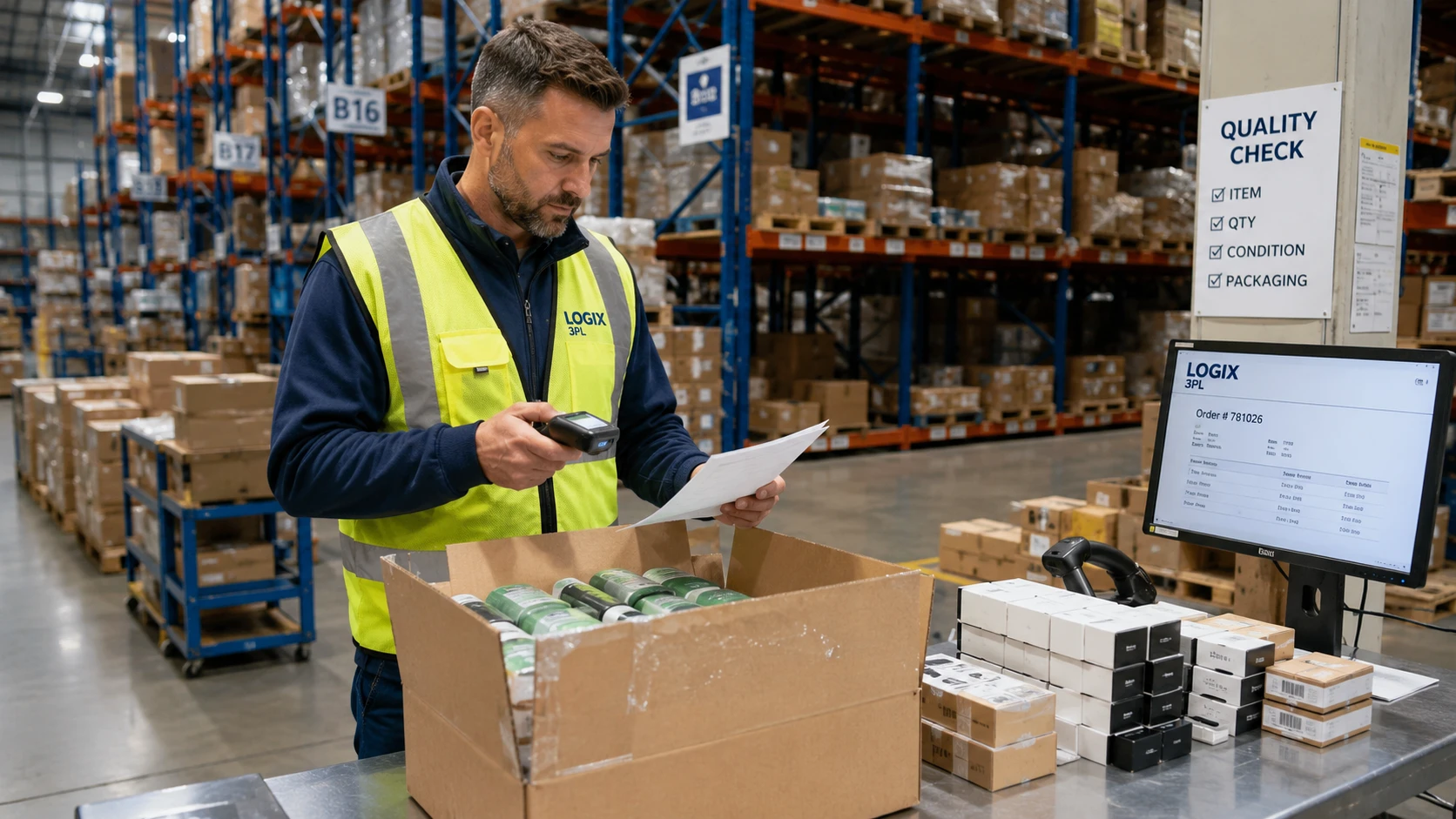 3PL warehouse manager reviewing picked items for quality inspection before shipment