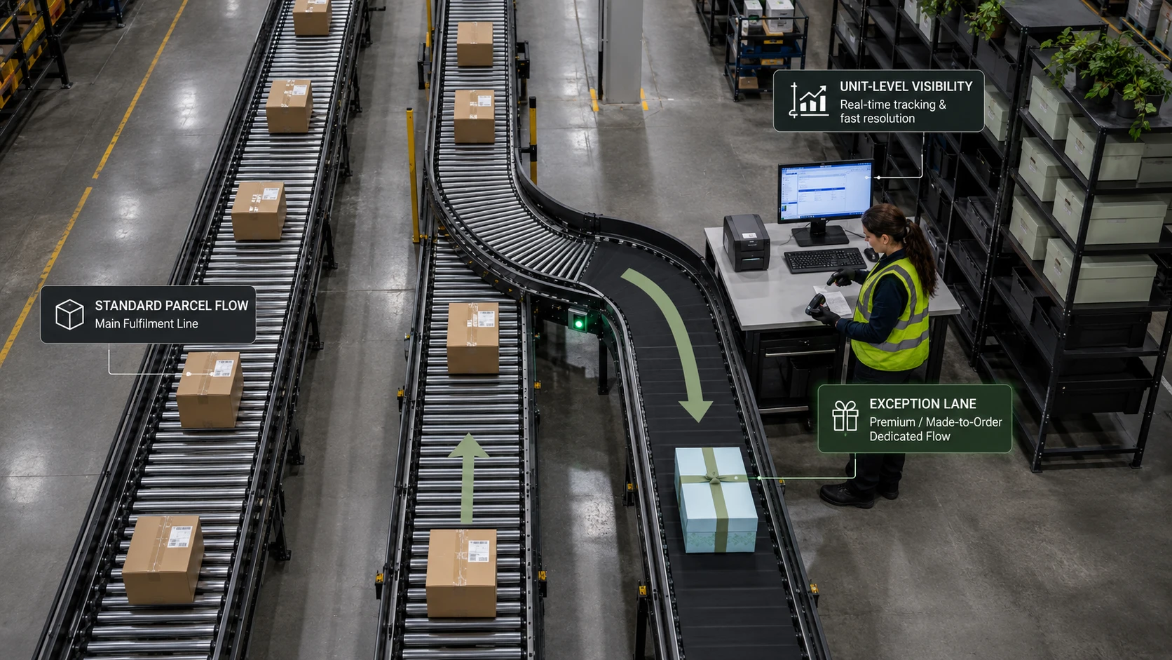 A single premium made-to-order parcel is diverted from the main fulfilment flow into a dedicated exception lane, highlighting the importance of unit-level visibility and fast resolution in 3PL operations.