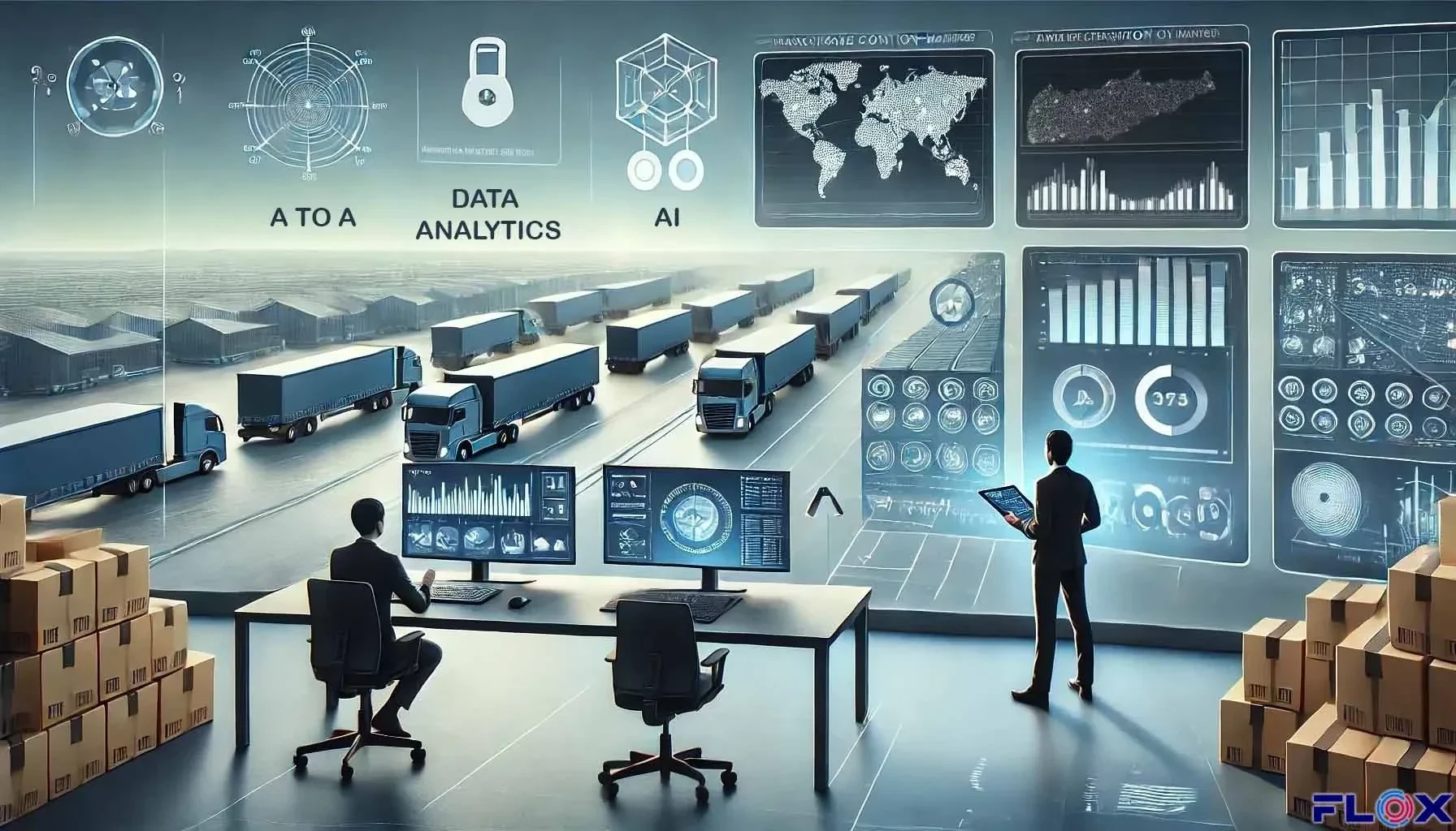 A to A logistics data analytics and AI dashboard with trucks and freight management screens