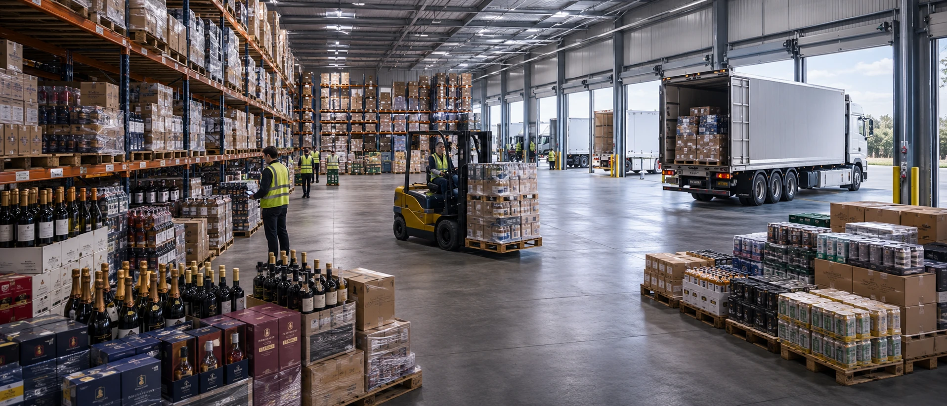 Stacked cases of bottled alcohol beverages inside a bonded warehouse with stretch-wrapped pallets and stock labels visible
