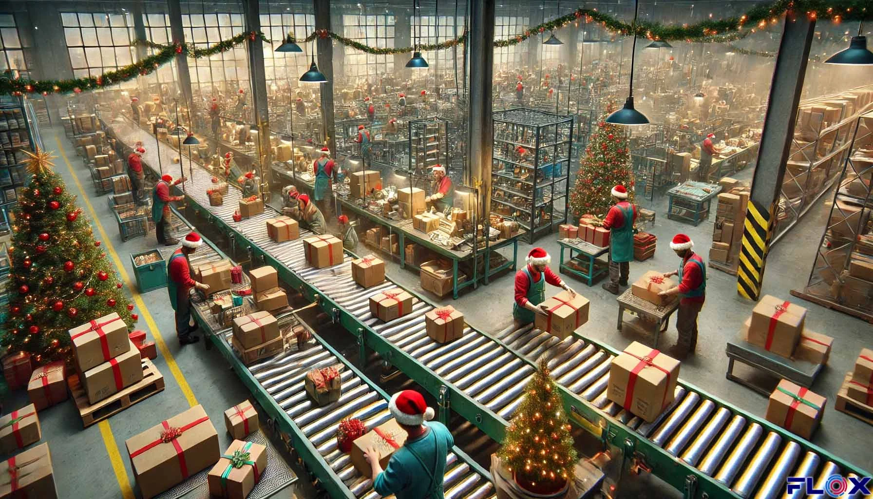 Warehouse workers in high-visibility vests packing seasonal orders on a despatch line during the Christmas peak