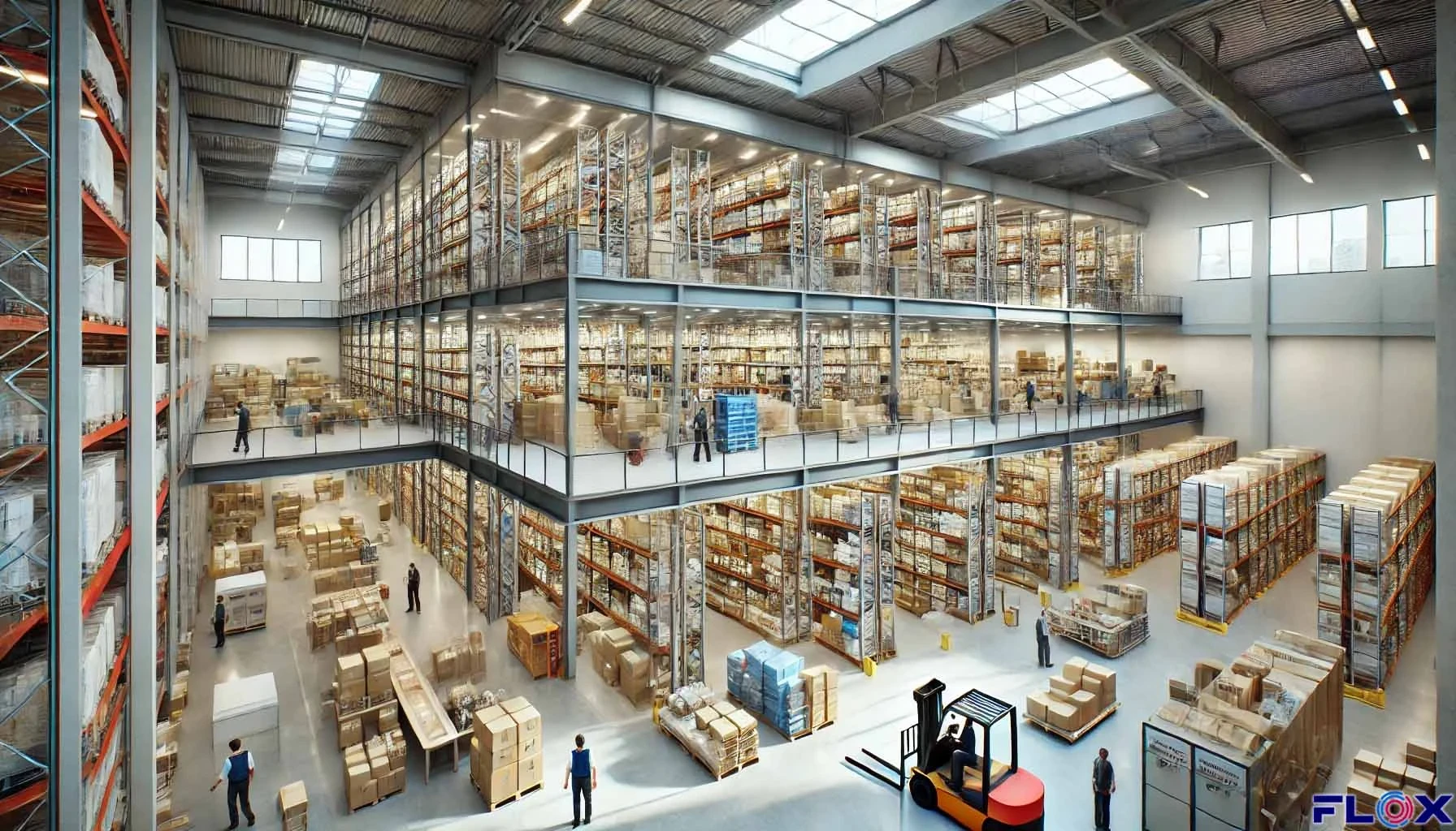 Modern UK warehouse interior with stacked pallets at multiple tenants' bays and a digital tablet displaying real-time stock levels in the foreground