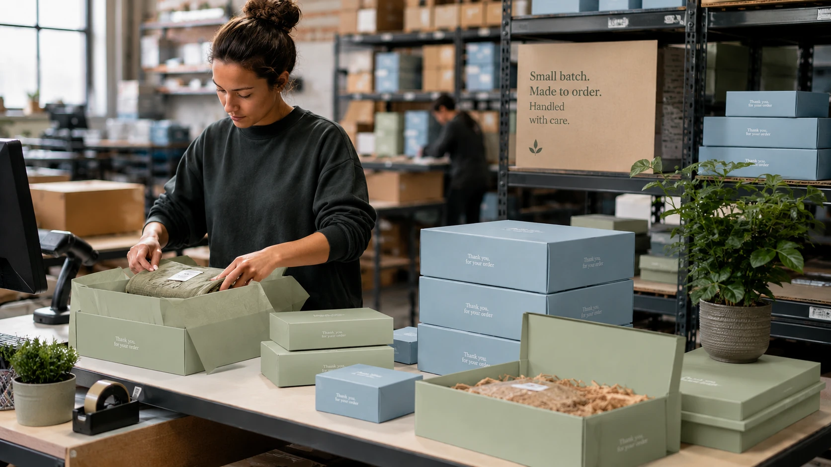 Small-batch made-to-order product boxes being carefully packed in a distribution centre