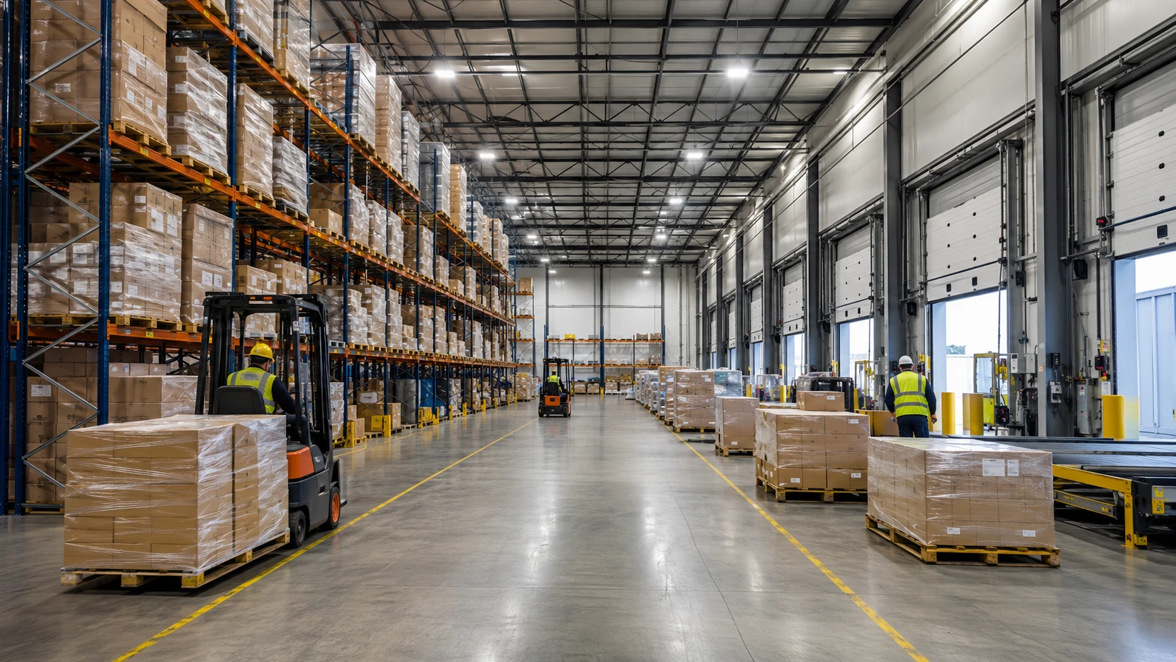 Large modern warehouse facility with rows of pallet racking and distribution operations