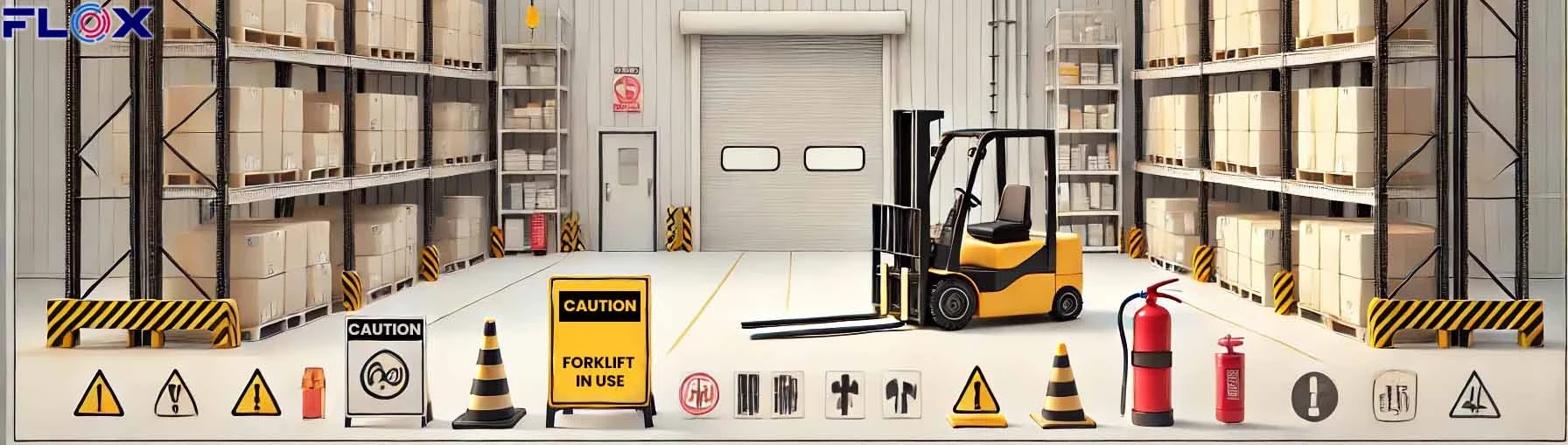 Yellow and black warehouse caution markings on a concrete floor with high-visibility signage and a forklift in the background