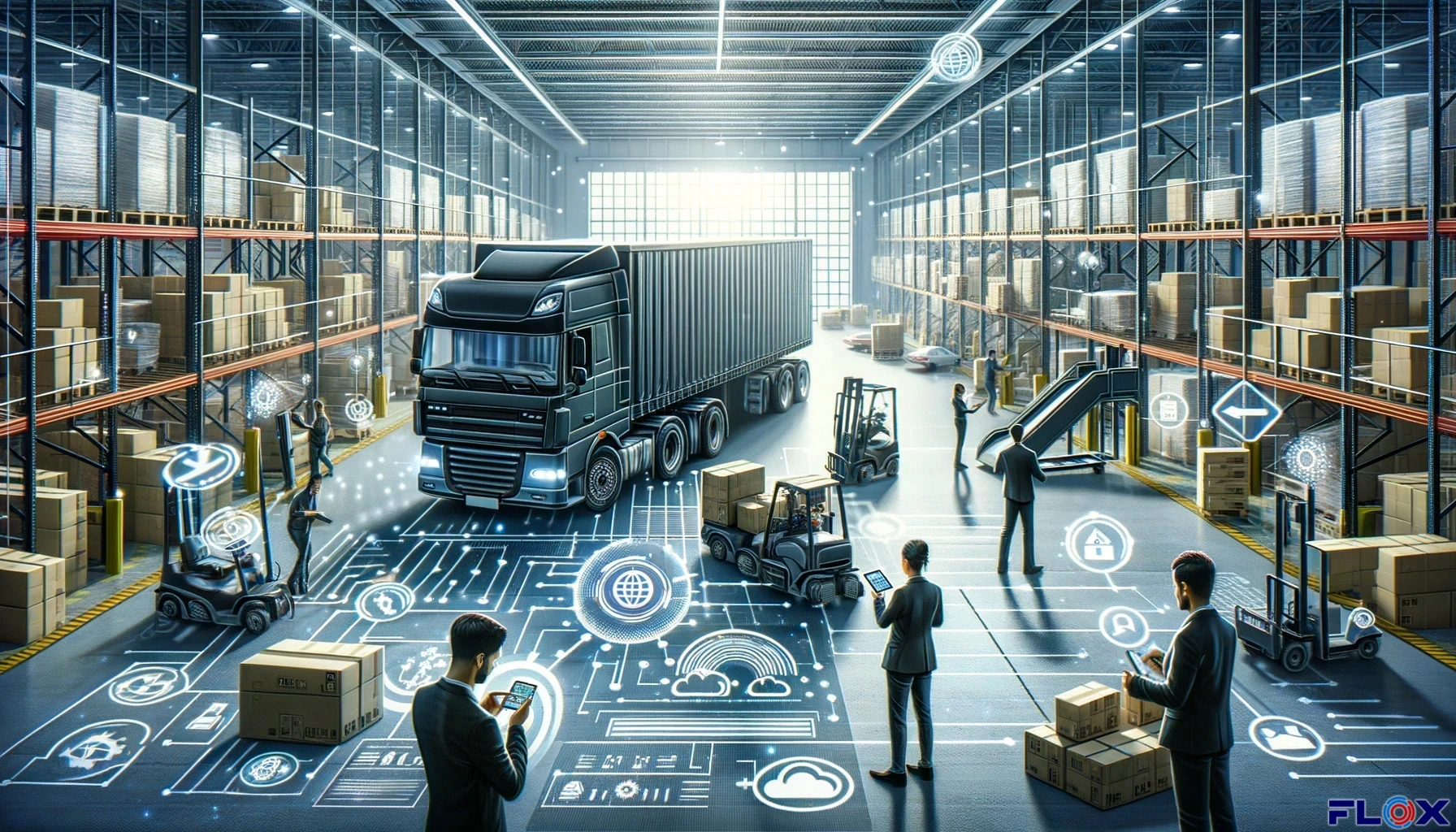 Modern automated warehouse interior with conveyor systems, pallet racking and a delivery vehicle reversing into a loading bay
