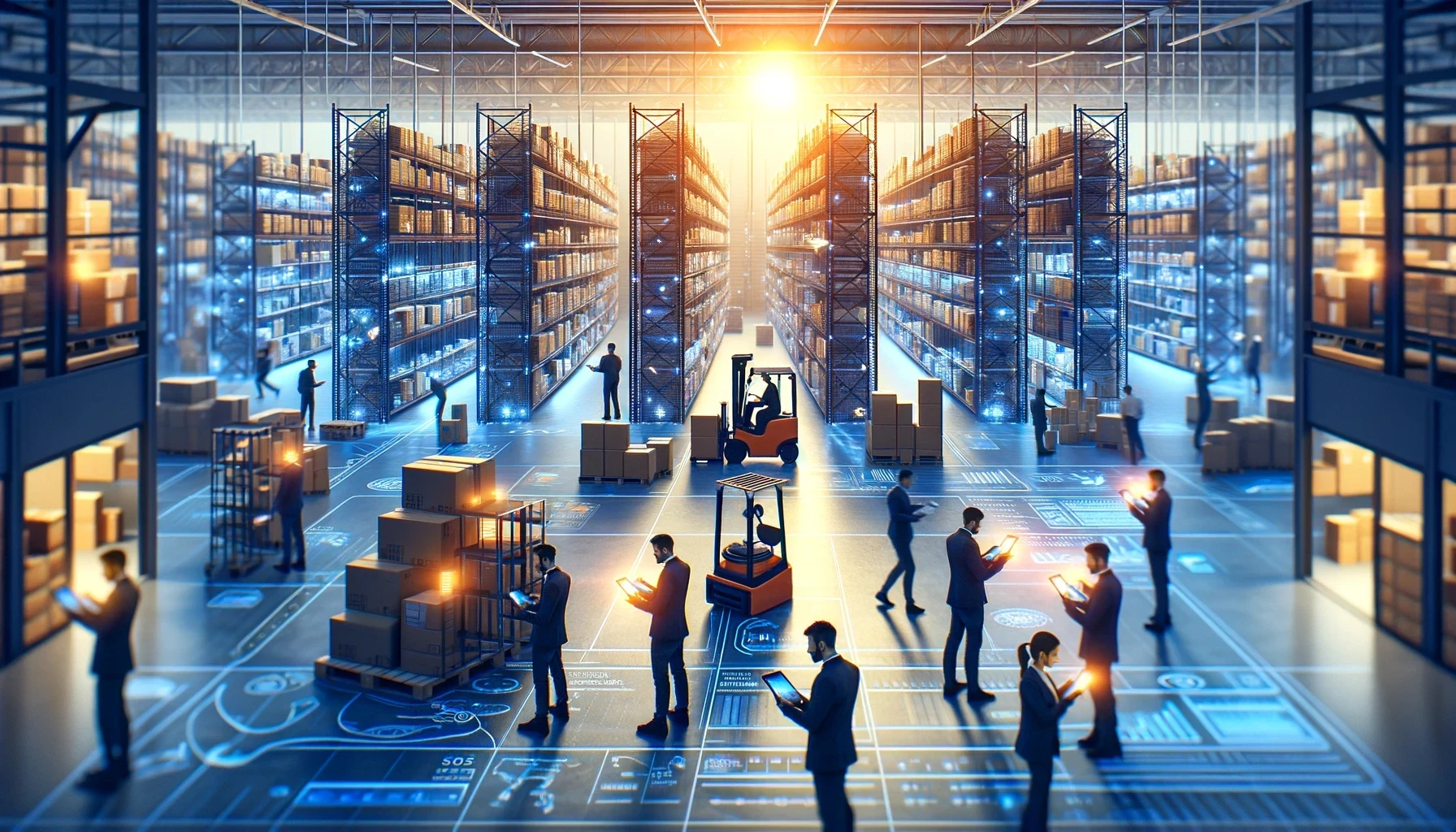 Founder of a small business reviewing stock and order data on a laptop screen with a warehouse interior visible in the background