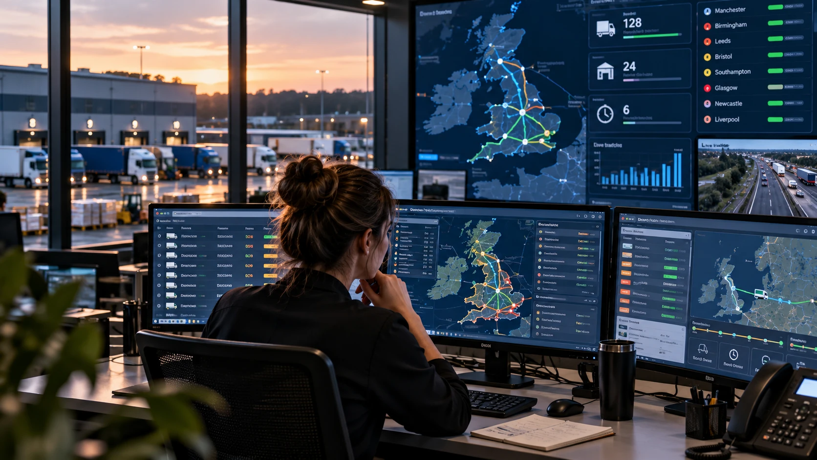 Logistics coordinator reviewing transport routes on digital dashboard in control centre
