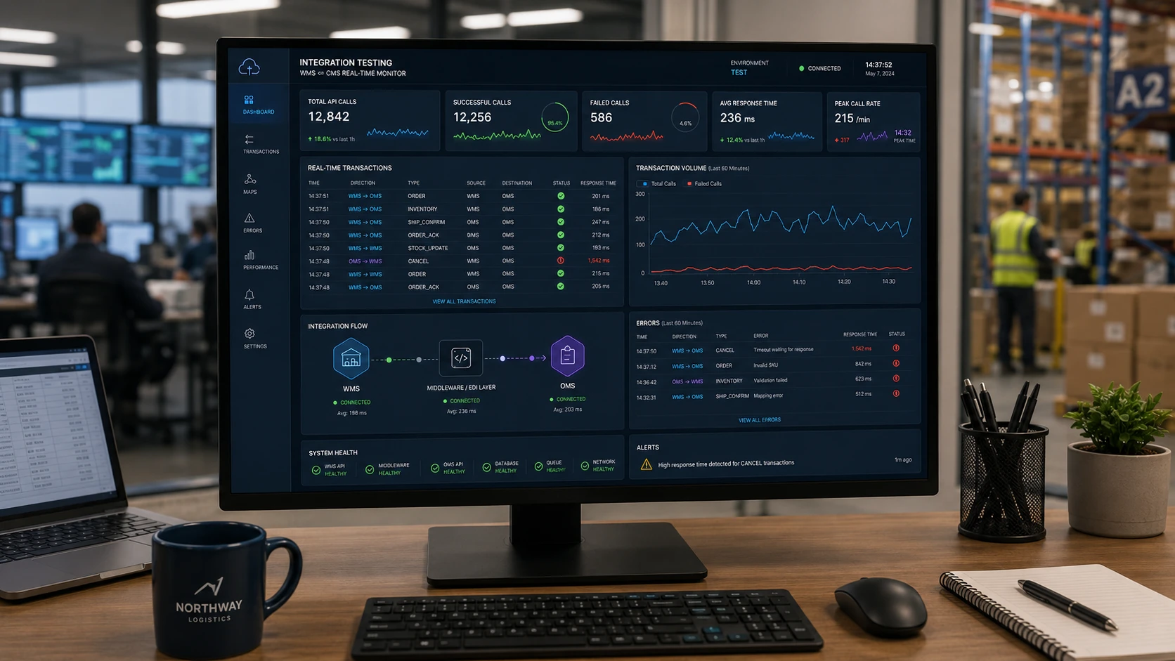 Integration testing dashboard displaying real-time EDI API calls between WMS and order management systems