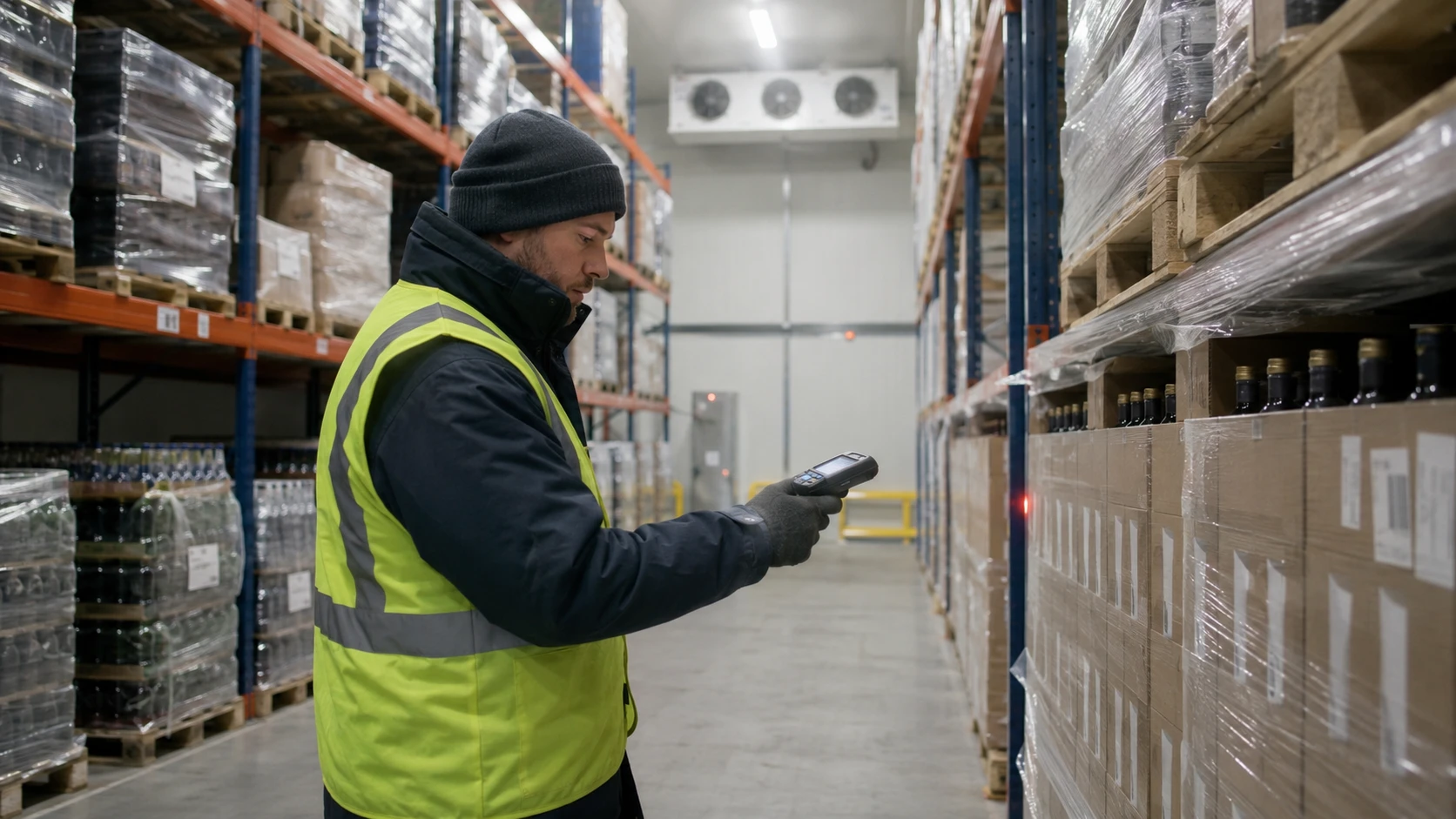 Warehouse worker scanning bonded alcohol stock with handheld device in climate-controlled storage