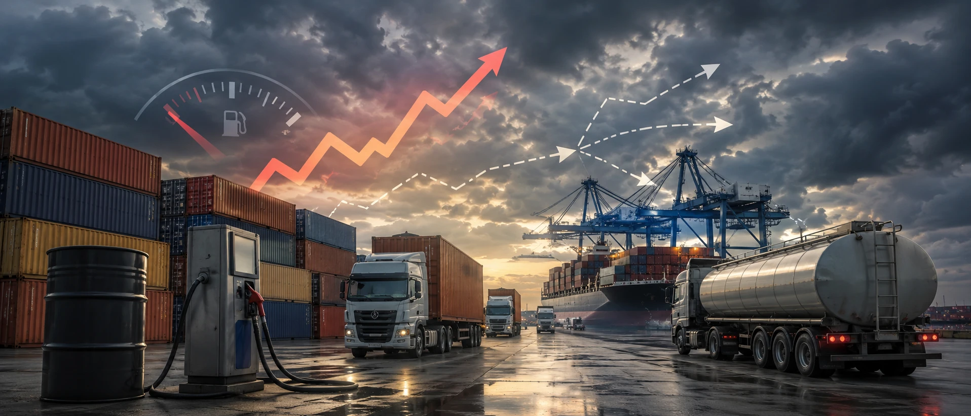 Aerial view of a busy container port at dusk with rows of stacked shipping containers and gantry cranes in motion