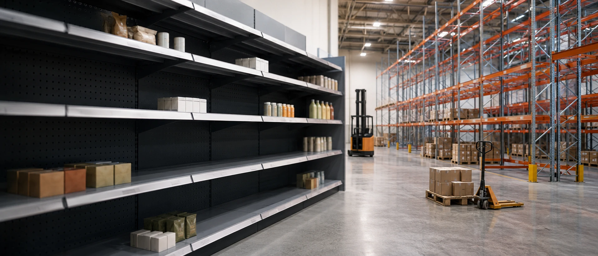 Rows of tall warehouse pallet racking filled with stretch-wrapped boxes in a dimly lit modern distribution centre