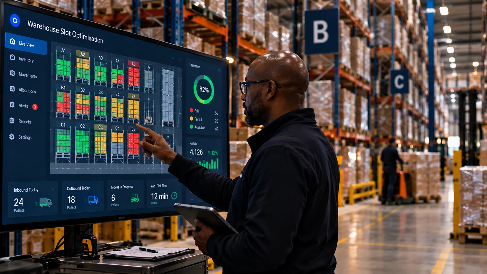 3PL operator checking slot optimisation software on warehouse floor screen