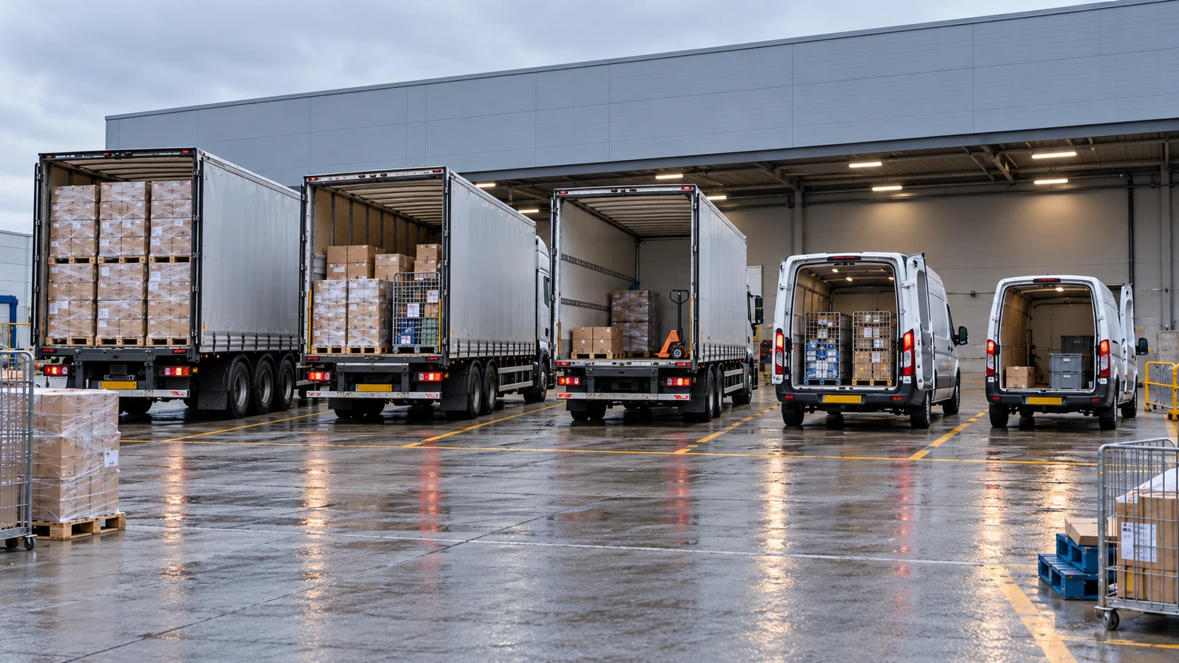 Multiple delivery vehicles lined up in distribution yard showing varied utilisation rates