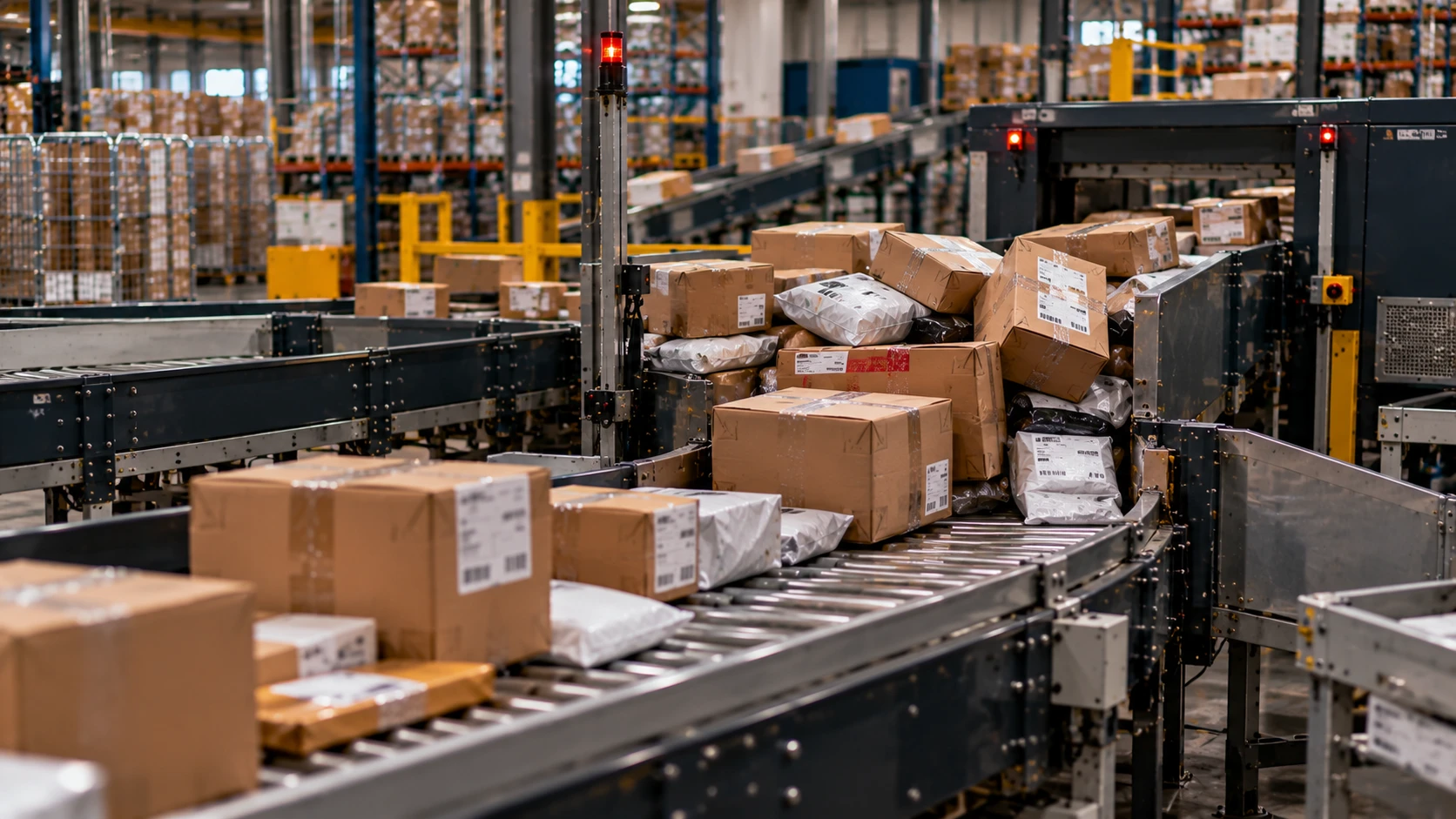 Parcels piling up on a congested warehouse conveyor belt, illustrating an operational bottleneck in a logistics facility