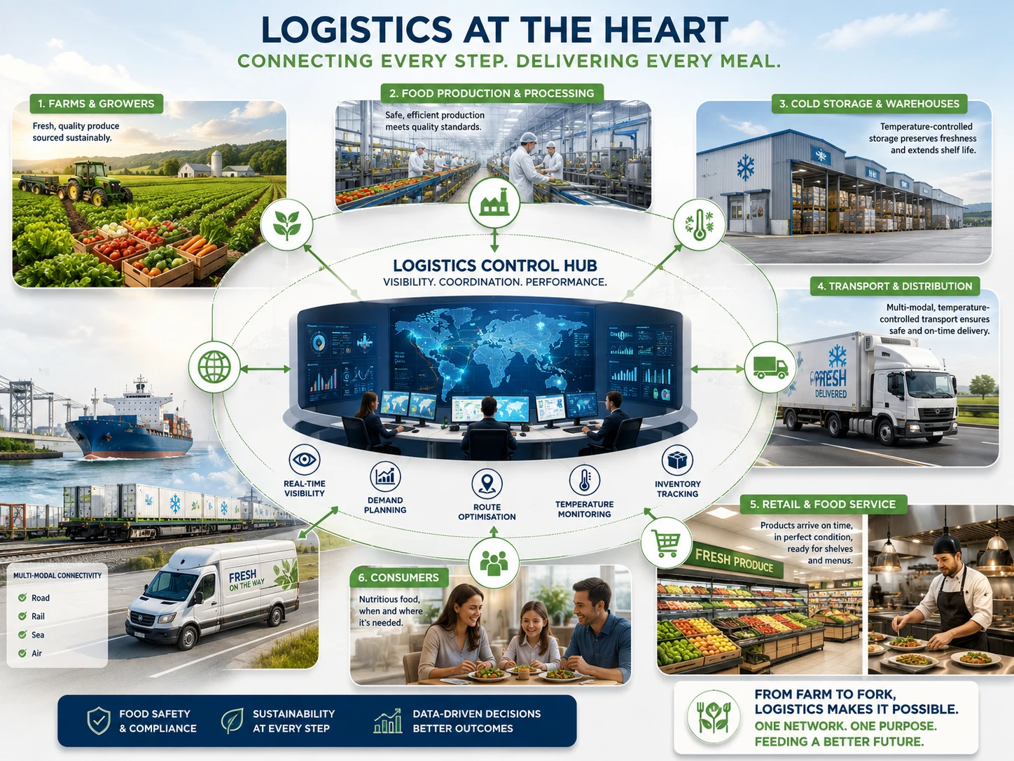 Refrigerated lorries at a UK food distribution warehouse