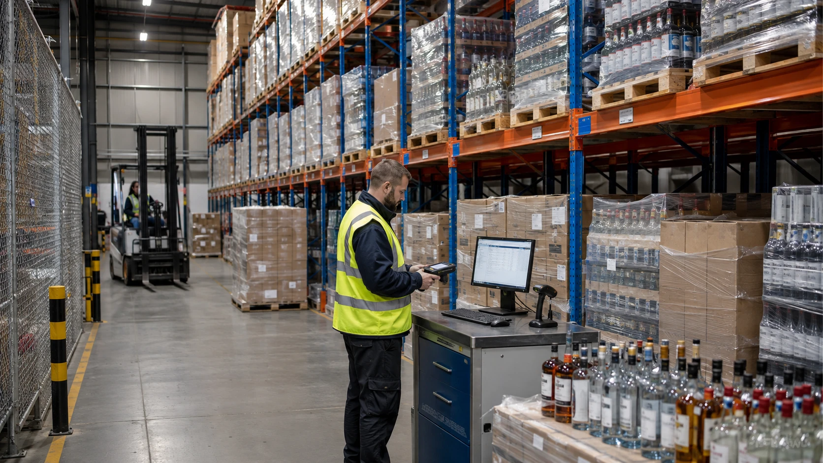 Bonded warehouse interior with duty-suspended spirits pallets and WMS scanning station