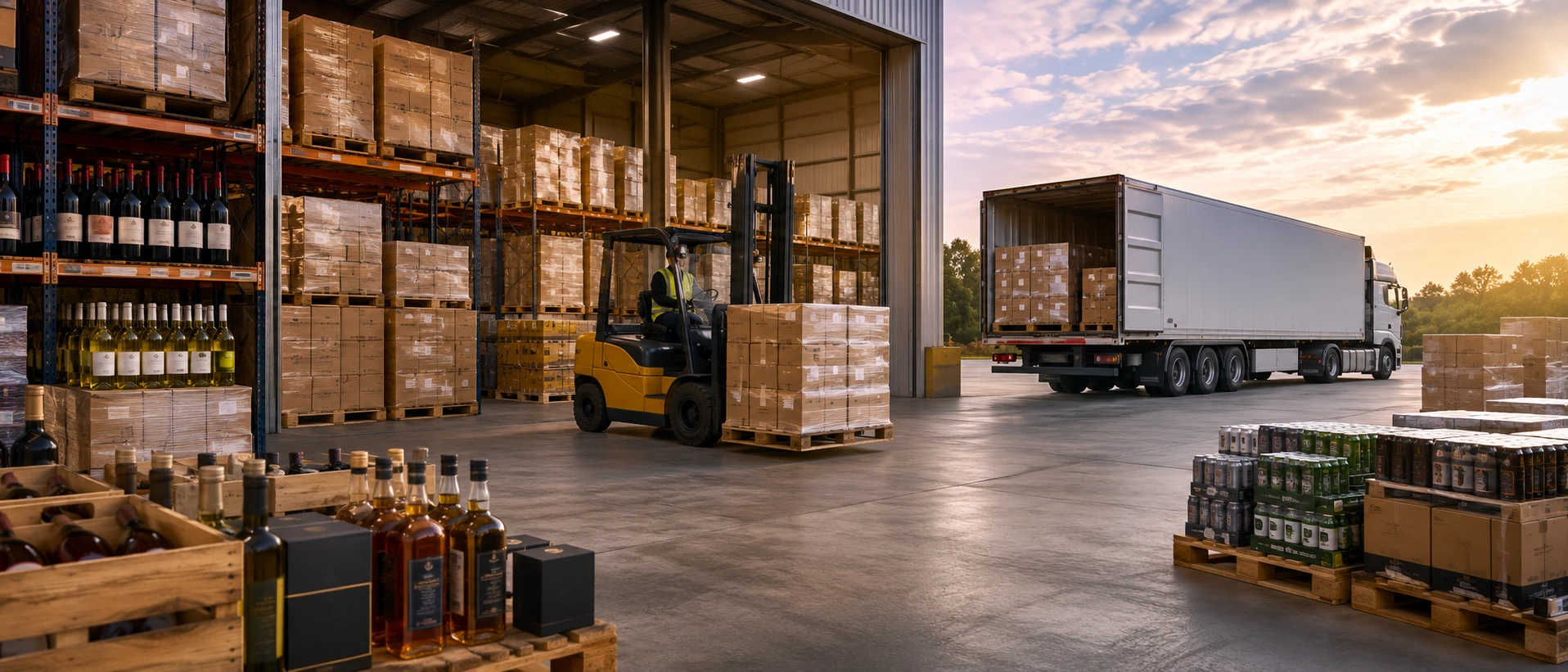 Pallet of imported European wine cases being checked in a bonded warehouse with customs documentation in view